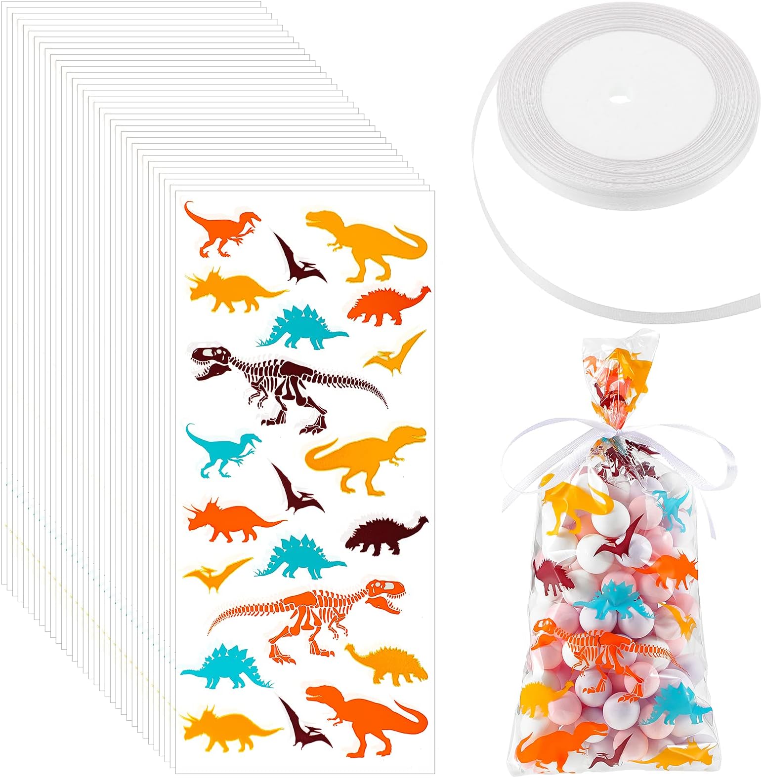 Outus100 Pcs Dinosaur Cellophane Candy Bags Dinosaur Skeleton Treat Bags Dino Party Favors Goodie Bags with Ribbon for Kids Adults Small Items Dinosaur Themed Party Birthday Supplies(Mixed Colors)