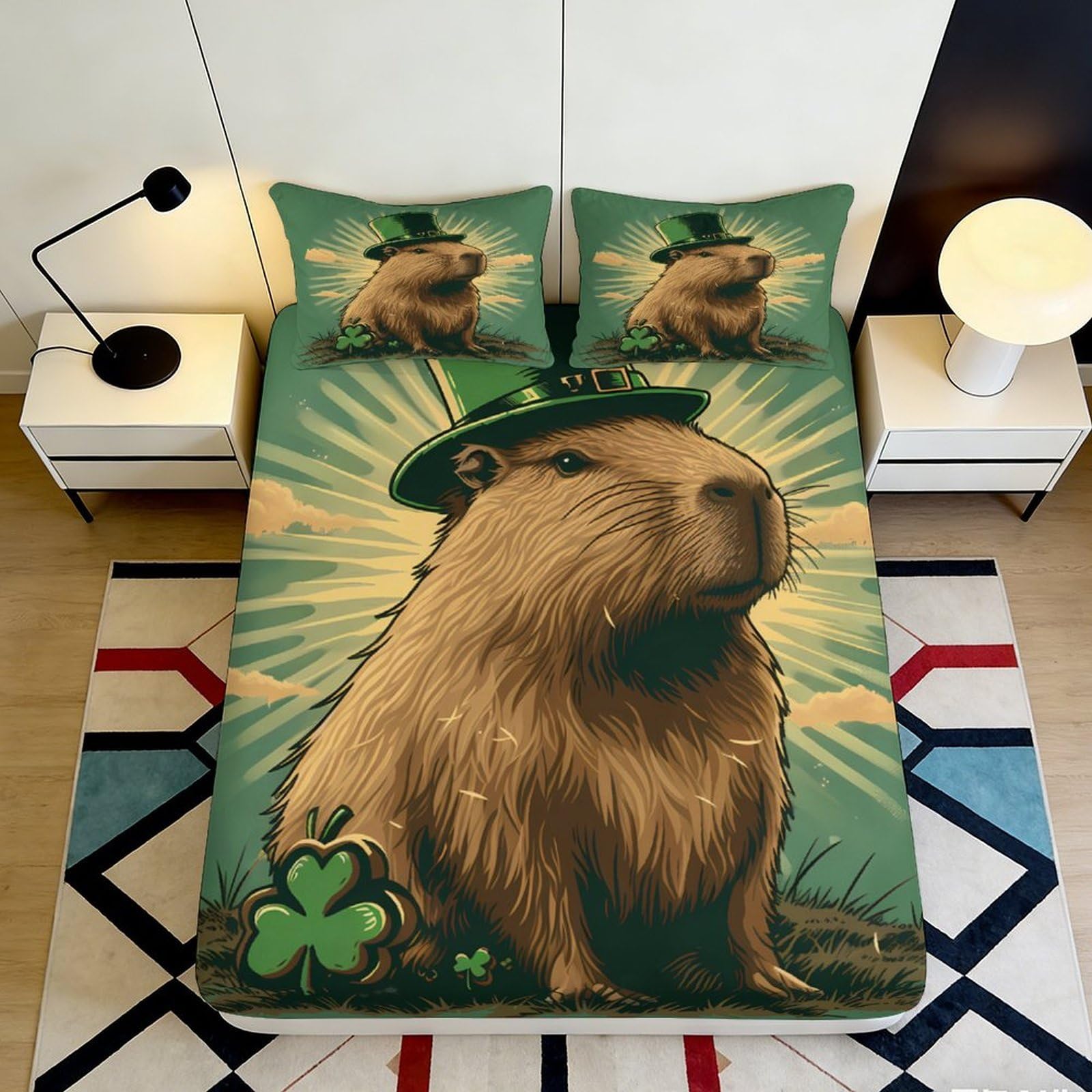 Pnayamiorkfel Style-8 3D Printed Capybara Shamrock Fitted Sheet Microfiber Green Cartoon Mattress Cover For Bedroom Guest Room Dorm Decor 90X200x25cm
