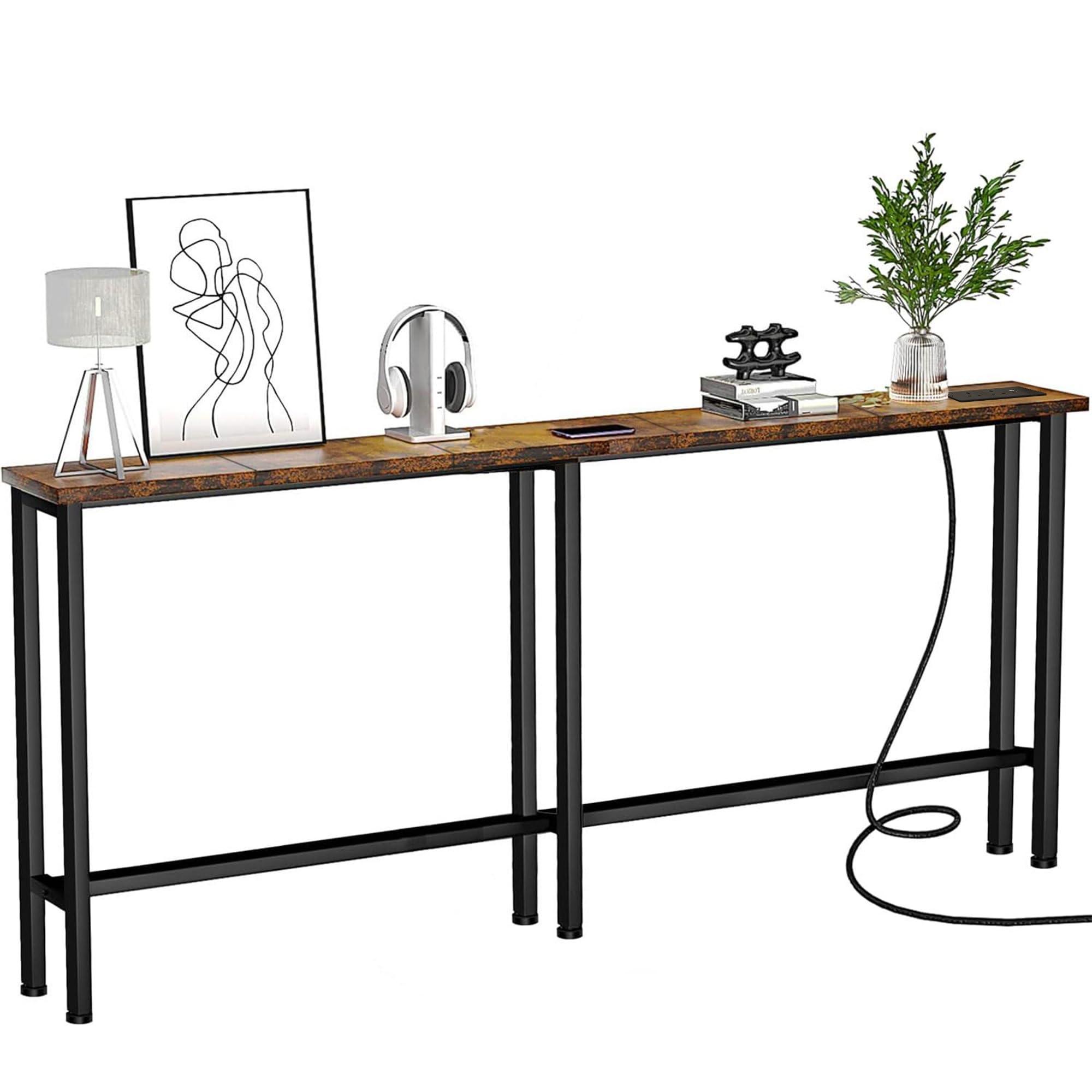 Keelian 200 cm Behind Sofa Console Table with Power Outlet Rustic Brown — image 1