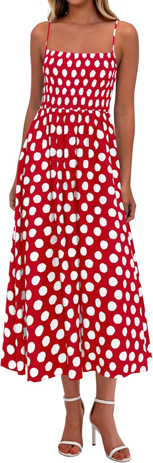 PRETTYGARDEN Womens Polka Dot Dress 2026 Summer Sleeveless Spaghetti Straps Smocked Sun Dress Flowy Spring Beach Midi Dresses