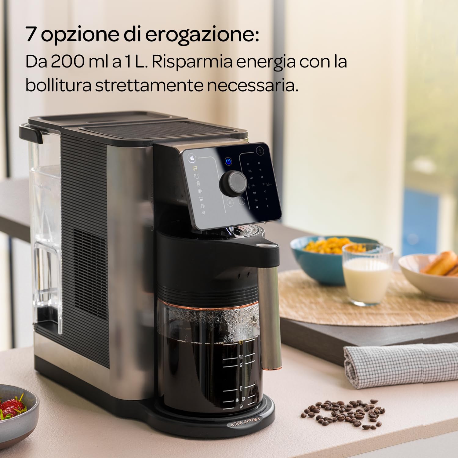 Aqua Optima Aurora Macchina da Caffè Filtrato e Distributore di Acqua Filtrata, 1 Filtro Evolve+ da 30 giorni, Risparmio Energetico, Multiuso, Temperatura ed Erogazione Variabili e Avvio Immediato