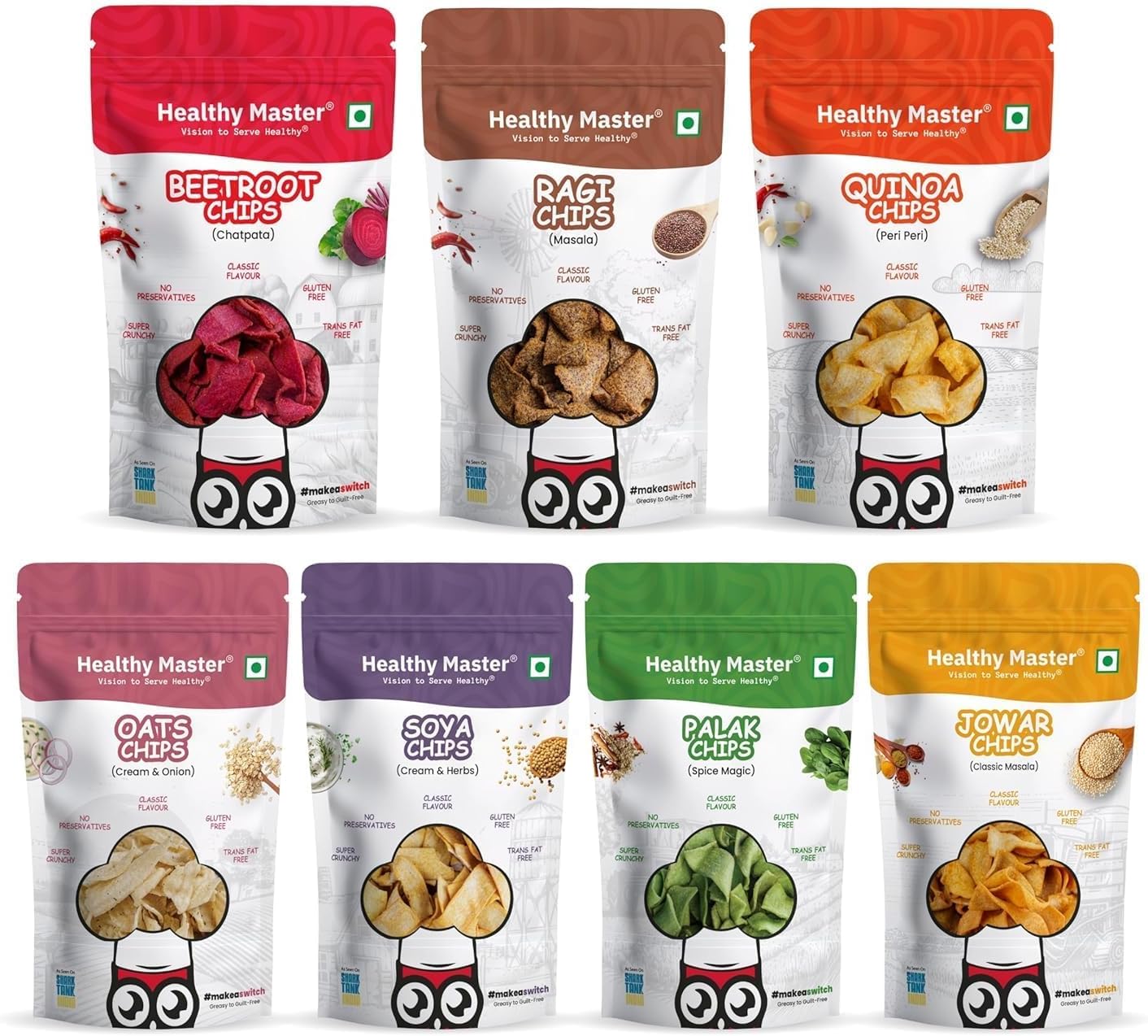 Healthy Master High Protein Healthy Chips Combo 210g (7x30g) | Vegan & Gluten Free Snacks | No Preservatives | Made with Ragi, Quinoa, Oats, Beetroot, Palak, Jowar & Soya | No Palm Oil