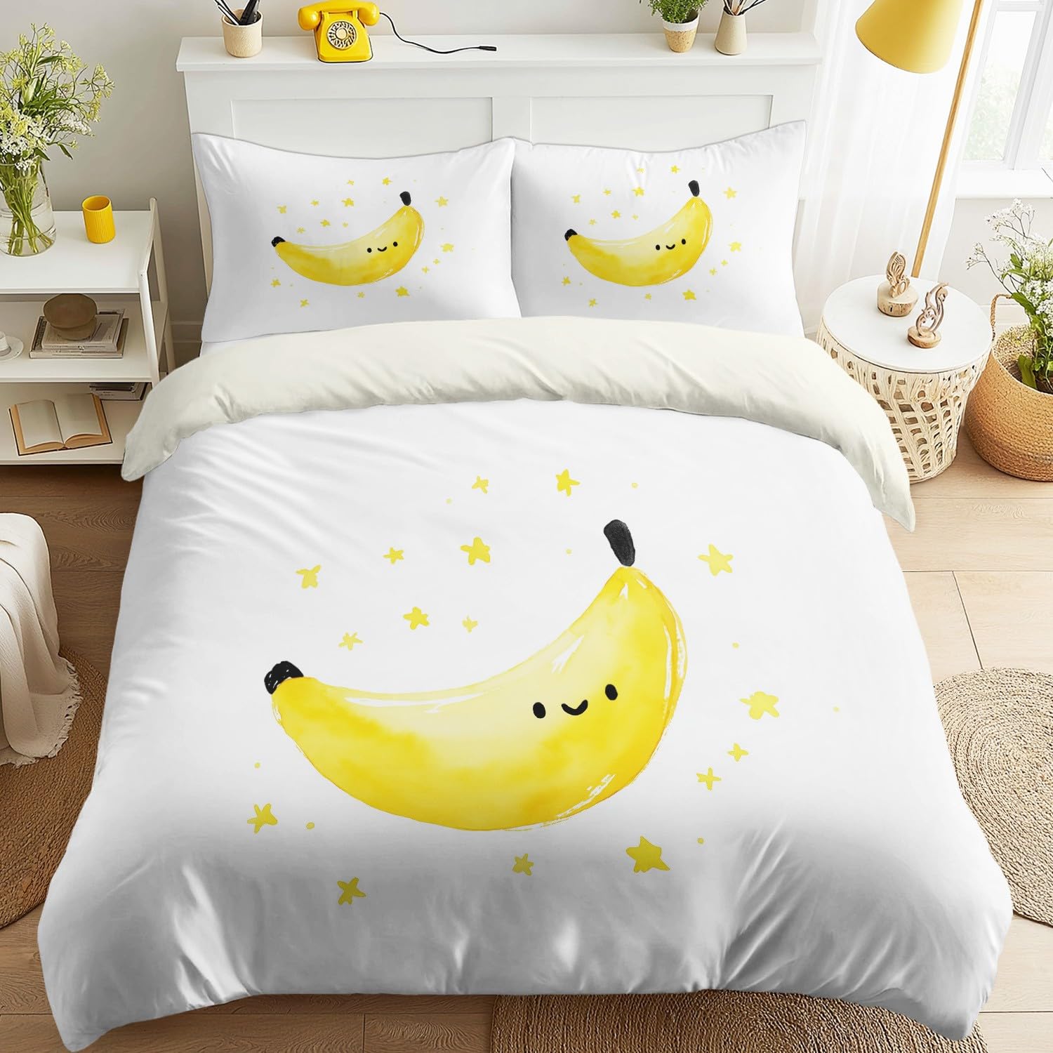 Banana Libro per bambini Copripiumino Cartoon Illustrazione Divertente Carino Copripiuminos, Acquerello Disegno a mano Educativo Facile da pulire, 150x200 Copripiumino Bianco für Ragazze & Ragazzi