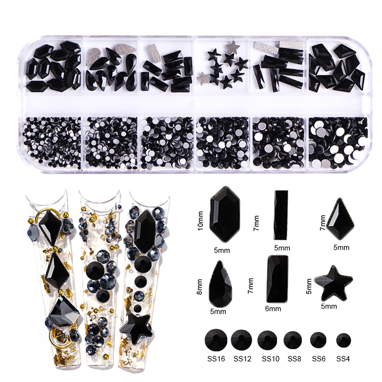 Kamienie stras z płaskim tyłem, okrągłe, ze szkła kryształowego, kamienie szlachetne, 6 rozmiarów (1,5-4 mm), różne kształty, z długopisem, do majsterkowania, do zdobienia paznokci, ubrań