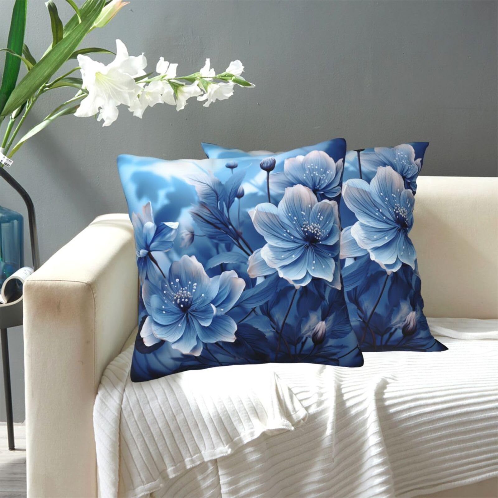 FekiLoot Decorative Throw Pillow Covers Modern Farmhouse Pillowcase Double Sided Cozy Cushion Cover for Sofa Couch Bed 18"X18" Blooming Blue Flowers