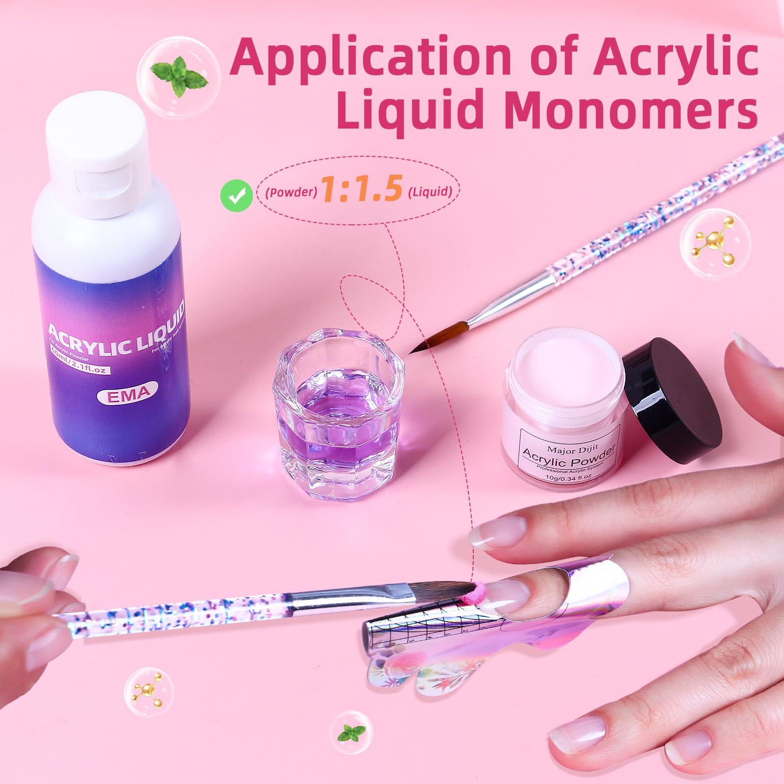 Major Dijit Acryl Nägel Starterset mit UV Lampe Acryl Nagel Set für Anfänger – Acrylpulver, Nagelfeile Nägel Selber Machen Set für luxuriöse Maniküre daheim, Pink Kosmetiktasche, Salonqualität