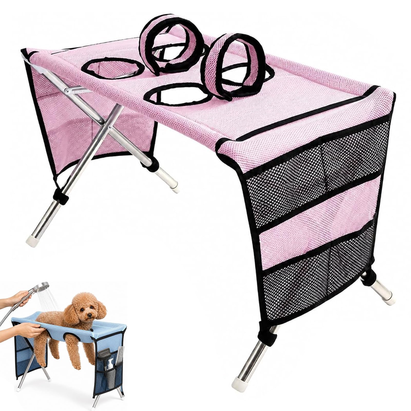 CHENRI 2-in-1 Foldable Pet Grooming Bed – Breathable Mesh Cat & Dog Bathing Station with Storage Pockets, Pet Grooming Hammock with Stand, Home Pet Hammock for Cats and Small Dogs Grooming，B-Pink