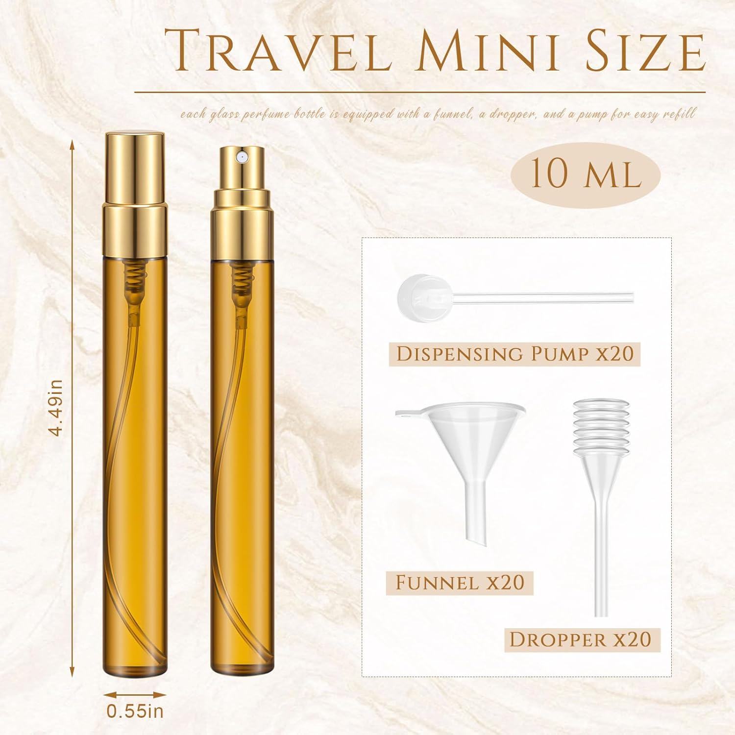 Domensi 60 Pcs 10ml Amber Glass Refillable Bottles for Essential Oils Aromatherapy Skincare, Refillable Fine Mist Atomizer Spray Bottle for Facial Mist, Serum, Travel DIY Perfume Use