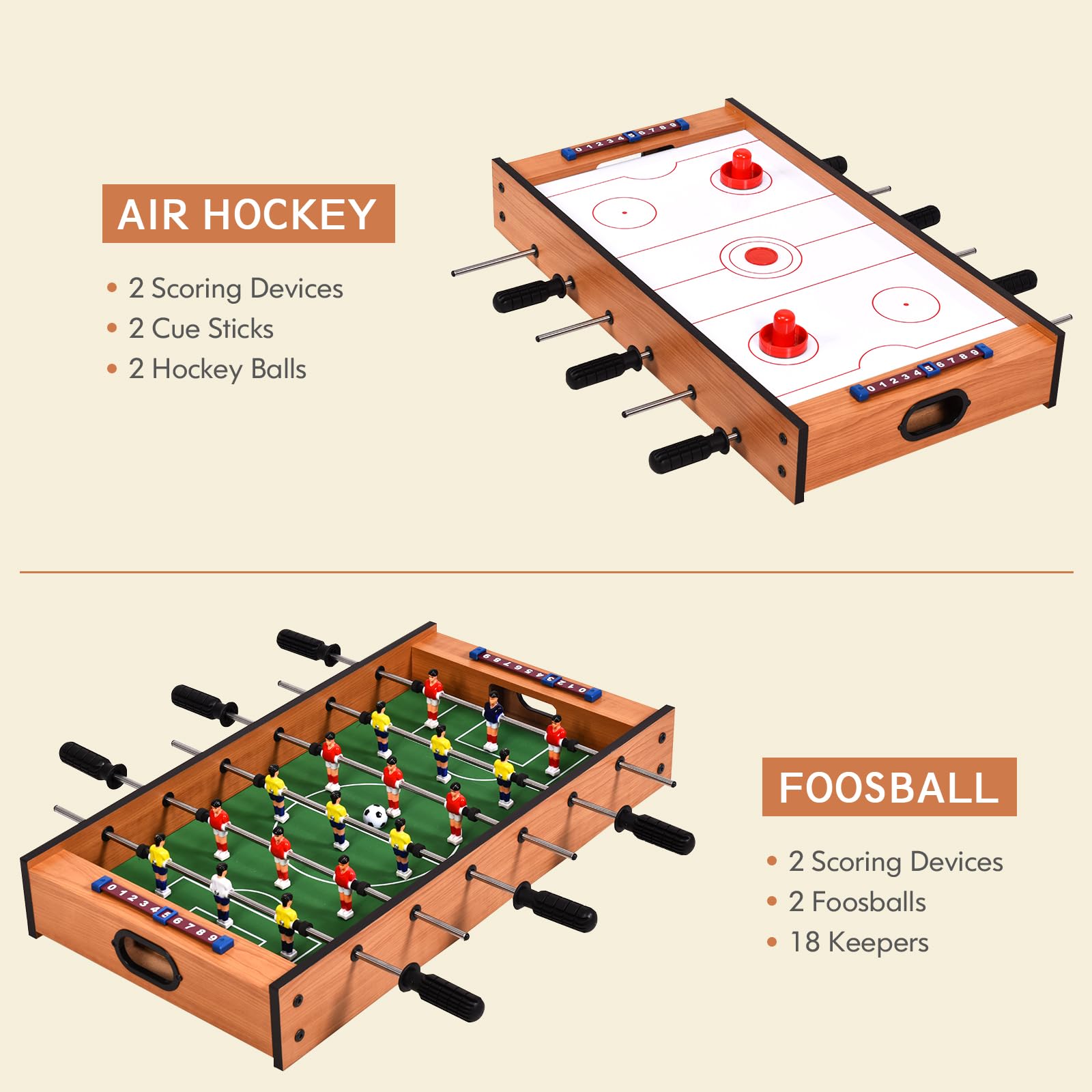 HOMASIS Mesa multijuegos de Madera para niños, Mesa de futbolín y Air Hockey con Asas duraderas, Mesa de Juego de fútbol para el hogar, Bar, Oficina, para niños de 4+ años, 69x36x10cm, Multicolor