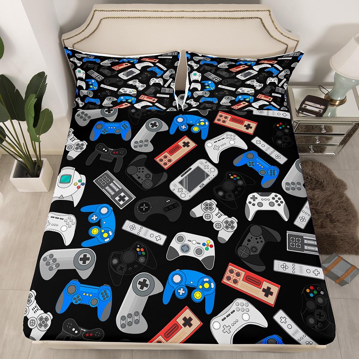 Teens Gamepad Fitted Sheet Modern Gamer Fitted Bed Sheet Twin Size for Kid Boy Children Video Game Bedding Set Player Gaming 2 Piece Bedding Decor Set Breathable Decorative Room(No Flat/Top Sheet)