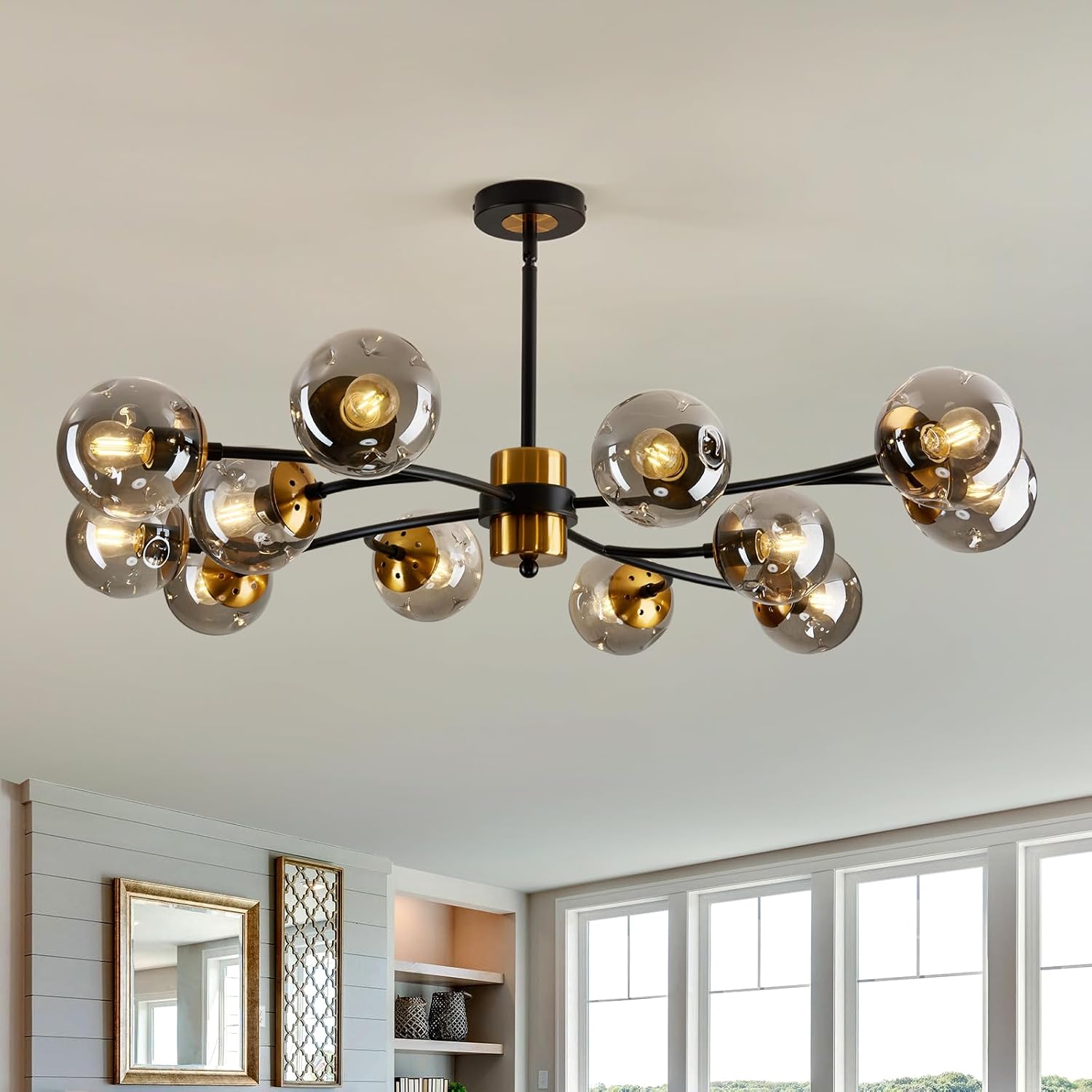 12-Light Large Sputnik Chandelier with Glass Globe Mid Century Modern Matte Black and Gold Ceiling Light Fixture Vintage Pendant Lighting for Dining Room Bedroom Kitchen Living Room Foyer 12 light