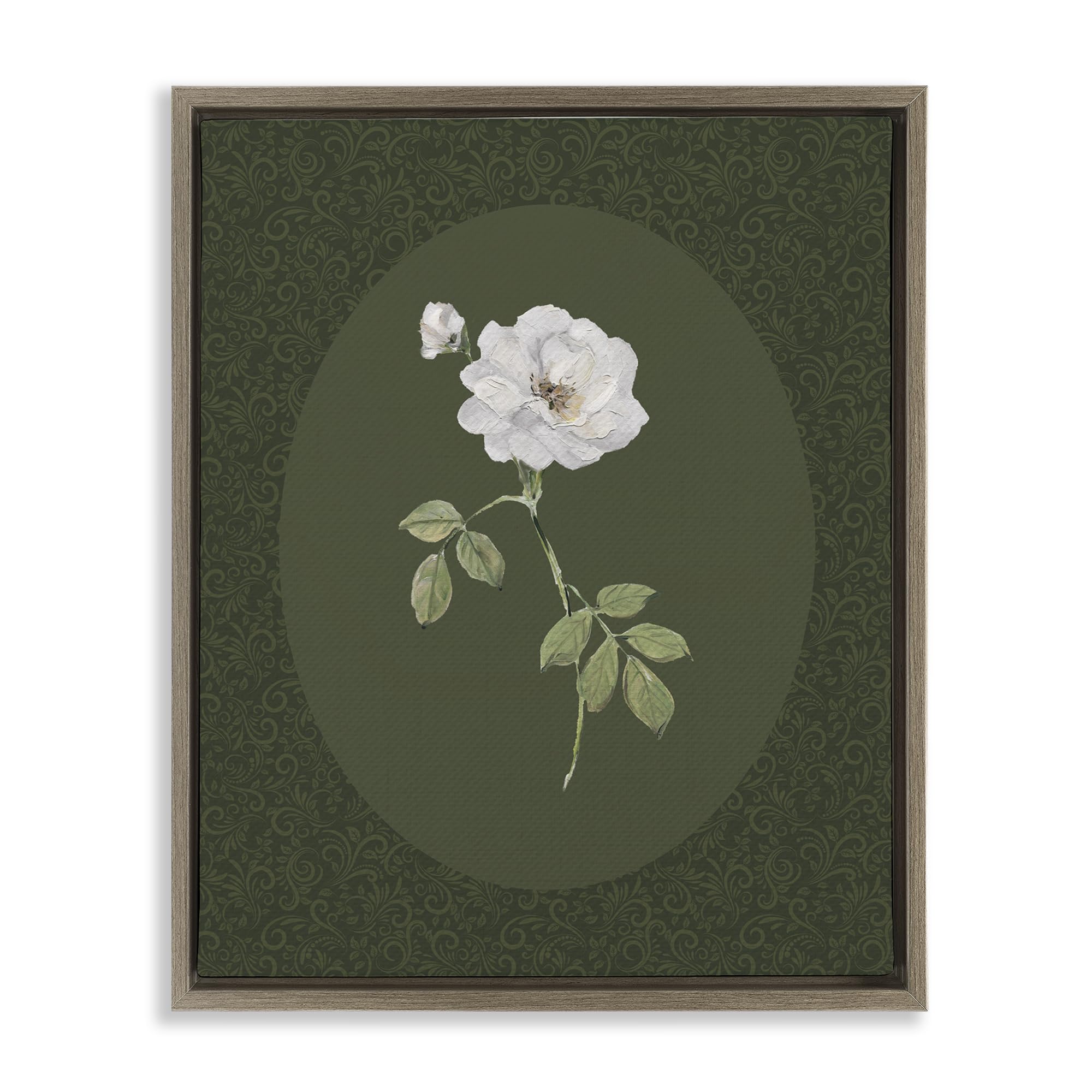 Stupell Industries Montalcino Elm (Textured) 'White Rose On Emerald'| Floating Frame Canvas Art