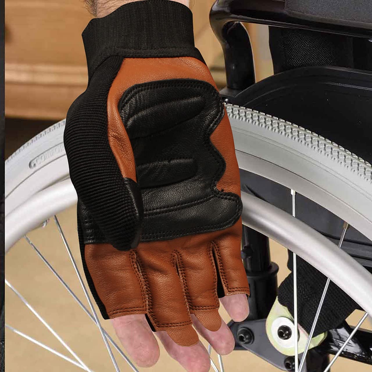 Guantes de Ciclismo para Silla de Ruedas, de Piel auténtica, Acolchados, Transpirables, sin Dedos, con Agarre Antideslizante