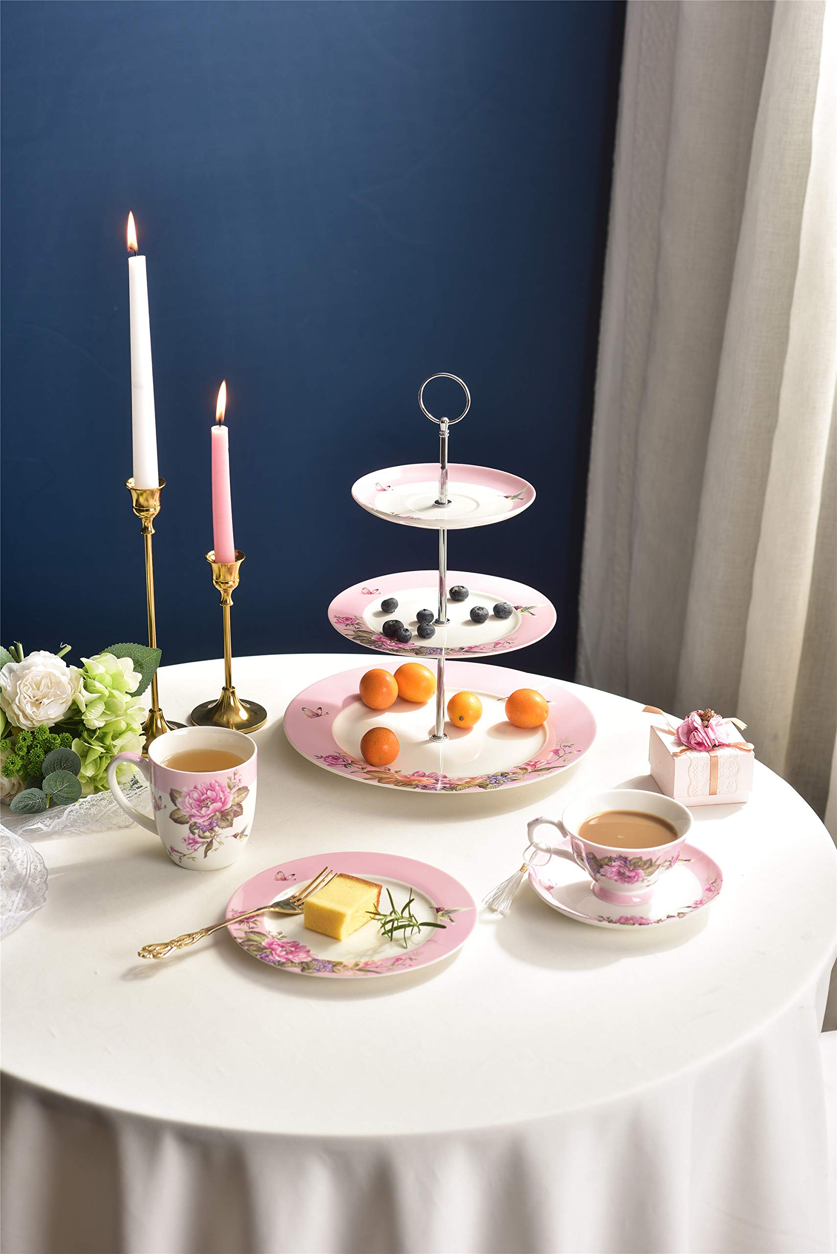 Set di 4 tazze da tè e caffè in porcellana - Design Shabby Chic con uccelli, rose e farfalle in confezione regalo - 330 ml