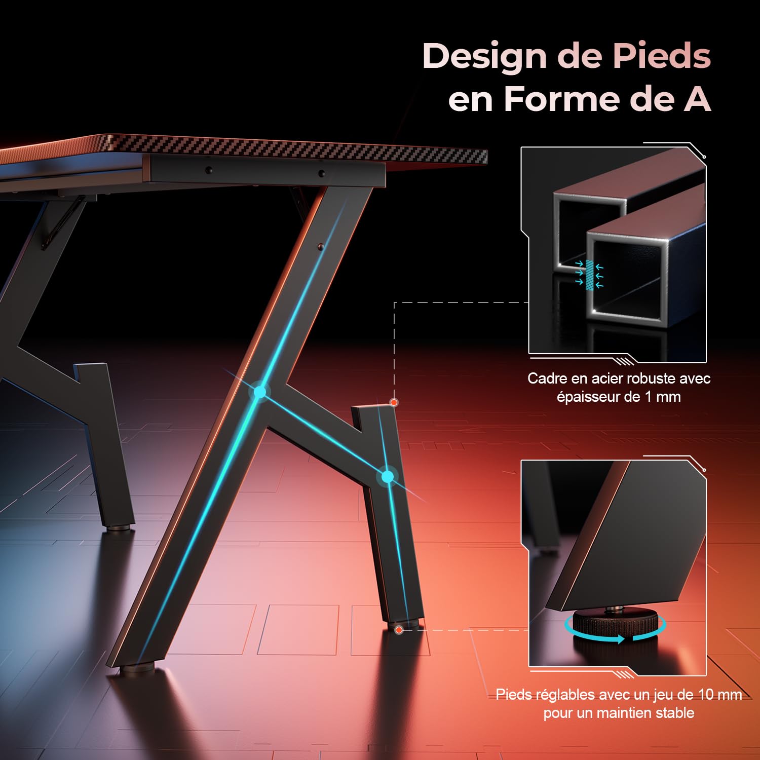 HLONONE Bureau Gaming, 100 x 50 cm Plateau Monobloc, Fibre de Carbone, Noir