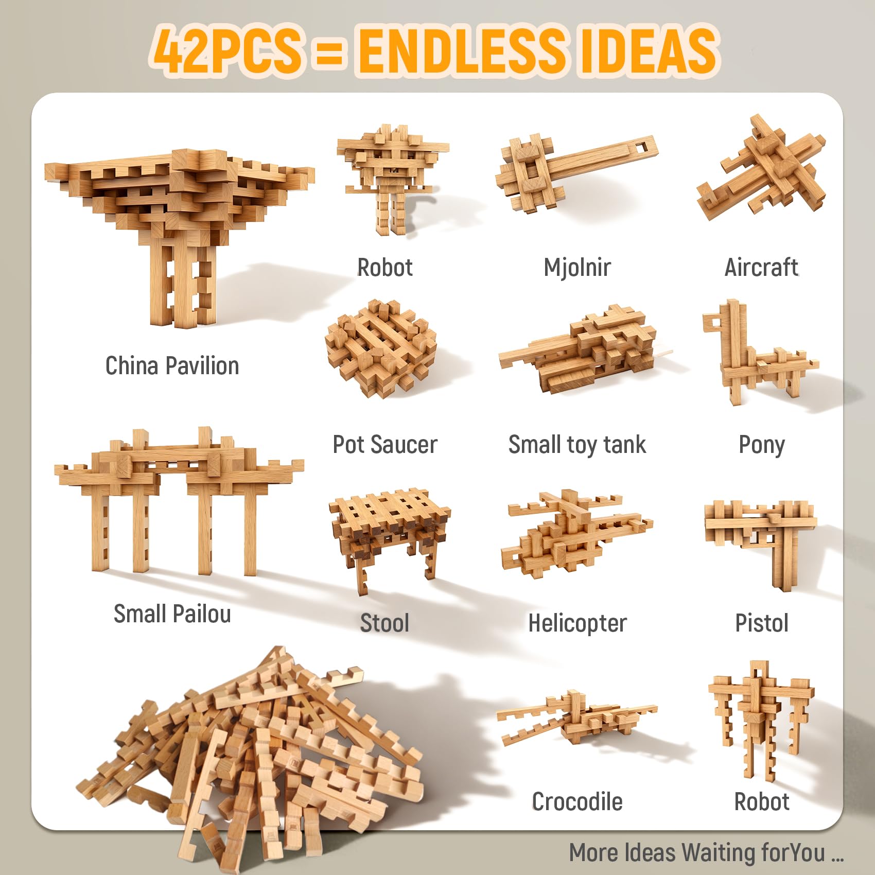 15 in 1 STEM Wooden Building Blocks -15+ Various Shapes, 3D Puzzle, Brain Games - Image 2