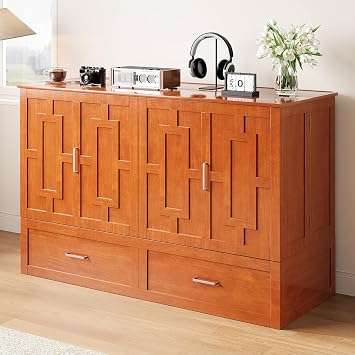 BALUS Queen Size Murphy Bed with Mattress, Murphy Cabinet Beds with USB Charging Station, Murphy Bed Cabinet with Night Stand Trays, Storage Drawer, Space Saving - Cherry