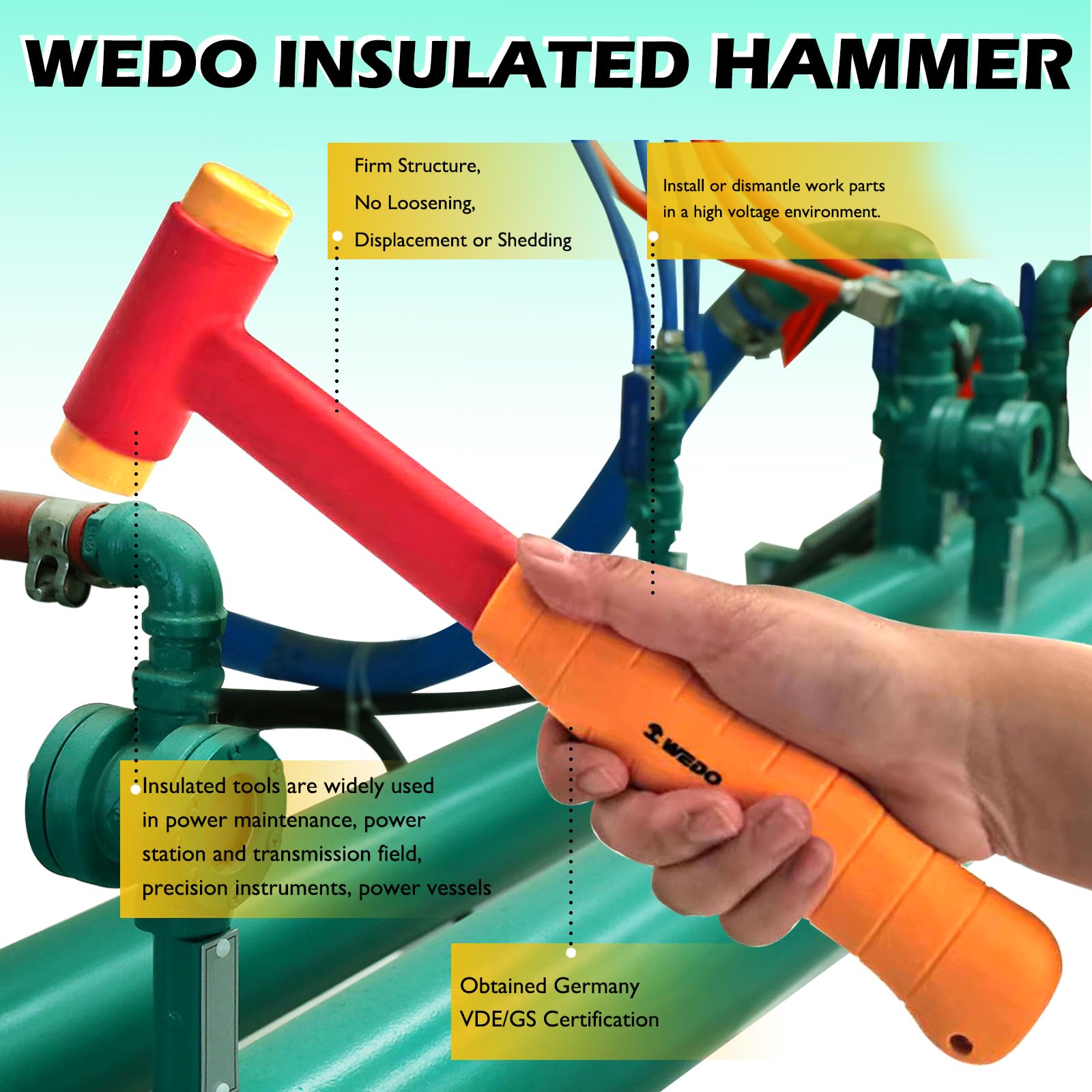 WEDO Martillo aislado, martillo de mazo no rebote, martillo de seguridad VDE de 1000 V, longitud 160 mm, diámetro de la cabeza 40 mm, martillo sin retroceso, aislamiento integral, mango