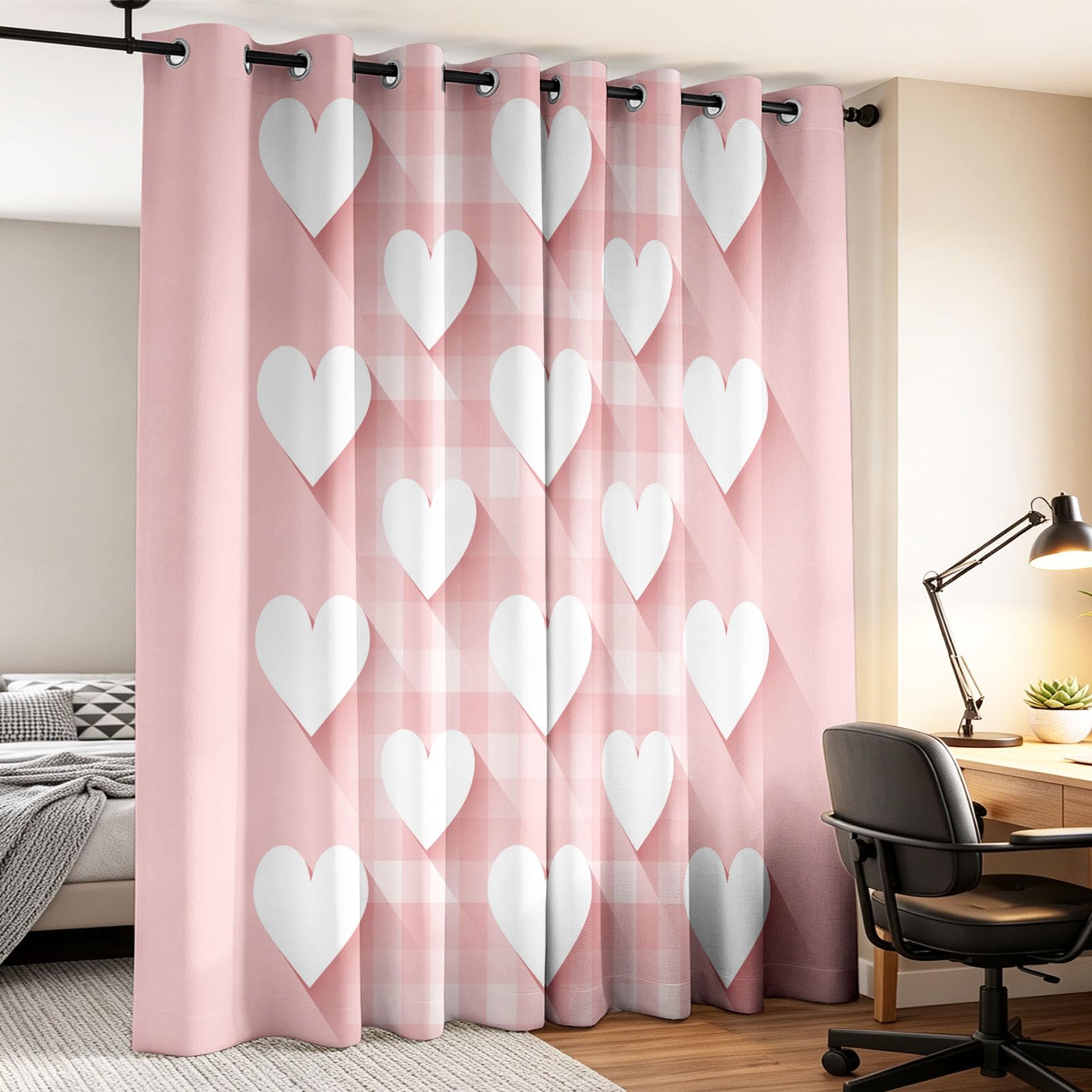 Tende oscuranti foderate con occhielli, isolamento termico 3D, romantiche, per camera da letto, soggiorno, finestra, cuore a quadretti, larghezza 117 x lunghezza 228 cm