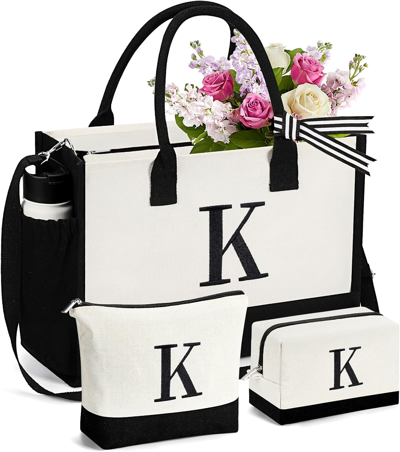 mibasies 1 Embroidered Initial Canvas Tote Bag with 2 Makeup Bags Set, Birthday Gifts for Women