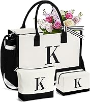 mibasies Personalized Embroidered Initial Canvas Tote Bag with 2 Makeup Bags Set - Ideal Birthday Gift for Women
