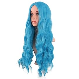 MapofBeauty 28 Inch/70 cm Long Wavy Middle Part with No Bangs Synthetic Fiber Curly Fashion Women Party Cosplay Wig (Cyan Blue)