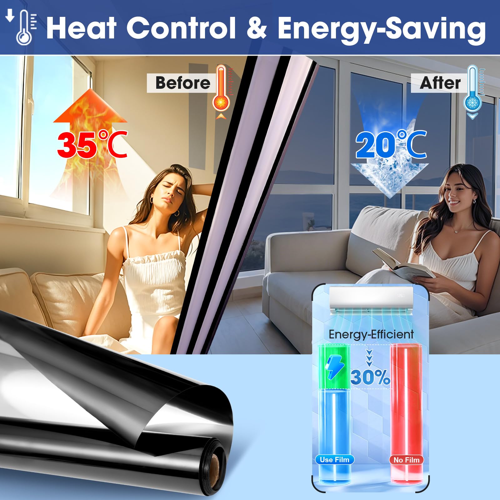 Beautysaid One Way Window Film Privacy Film for Glass Windows Heat Control Reflective Mirror Window Tint Film Home - Image 2