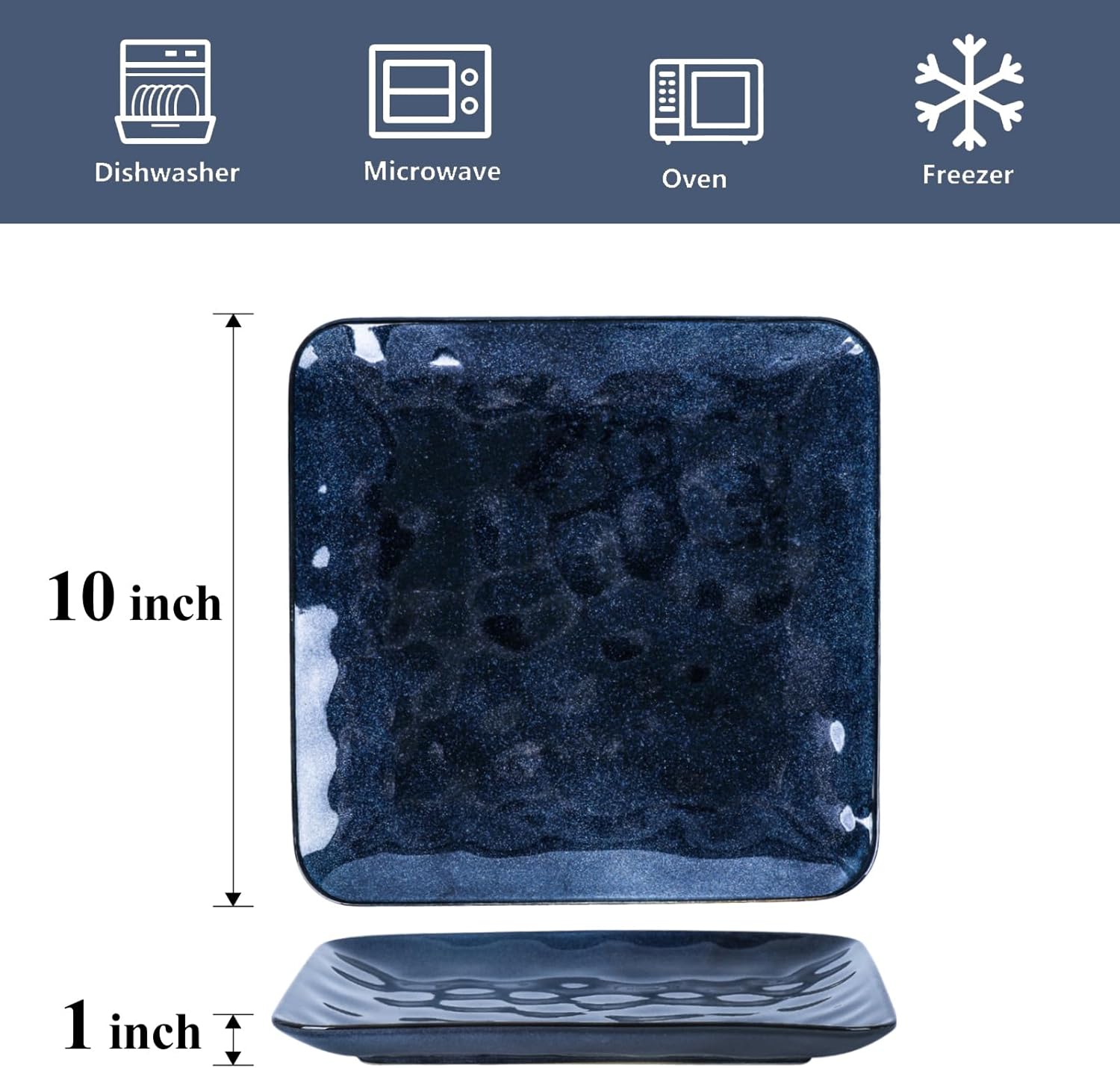 vicrays Ceramic Square Plates Set of 6 - Large Porcelain 10 inch Dinner Plates for Steak Pasta Pizza - Microwave Oven and Dishwasher Safe - Blue