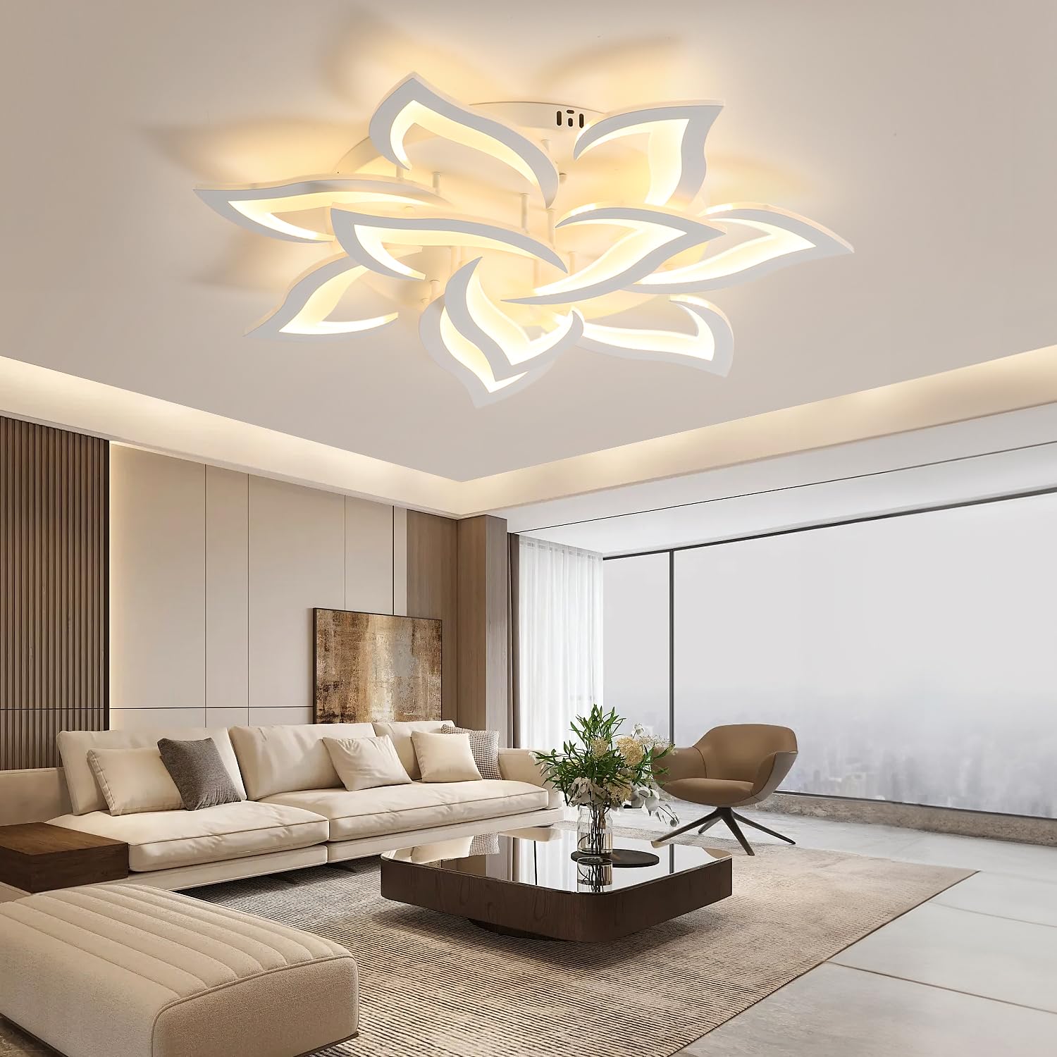 Goeco Lamparas de Techo Salon, 60W Plafon LED Techo Moderno Blanco Diseño Flor Pétalos, Luz de Techo LED Dormitorio para Cocina, Comedor, Estudio, Oficina, Luz Blanca Cálida 3000K, 80CM