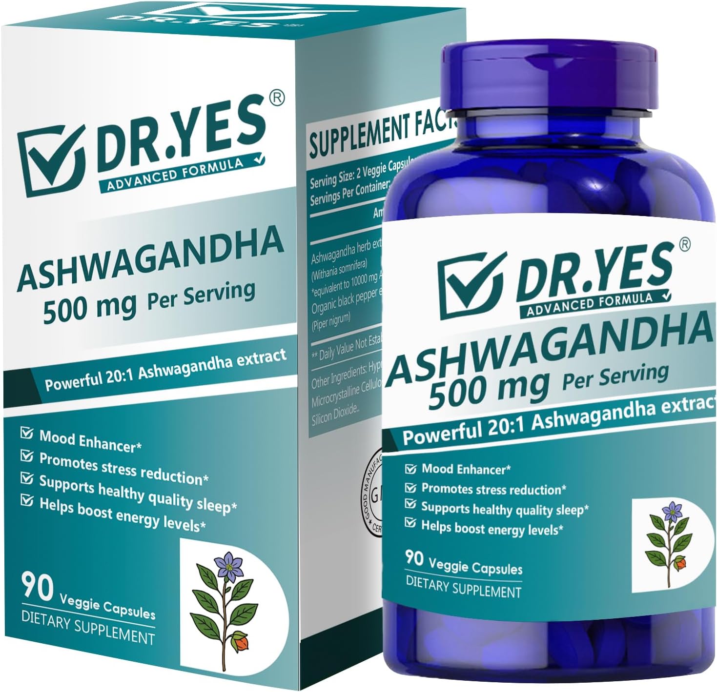 DR.YES Ashwagandha Capsules 500mg with Organic Black Pepper for Maximum Absorption, Stress Relief, Memory, Focus, Mood & Sleep, Non-GMO, Vegan, 90 Capsules