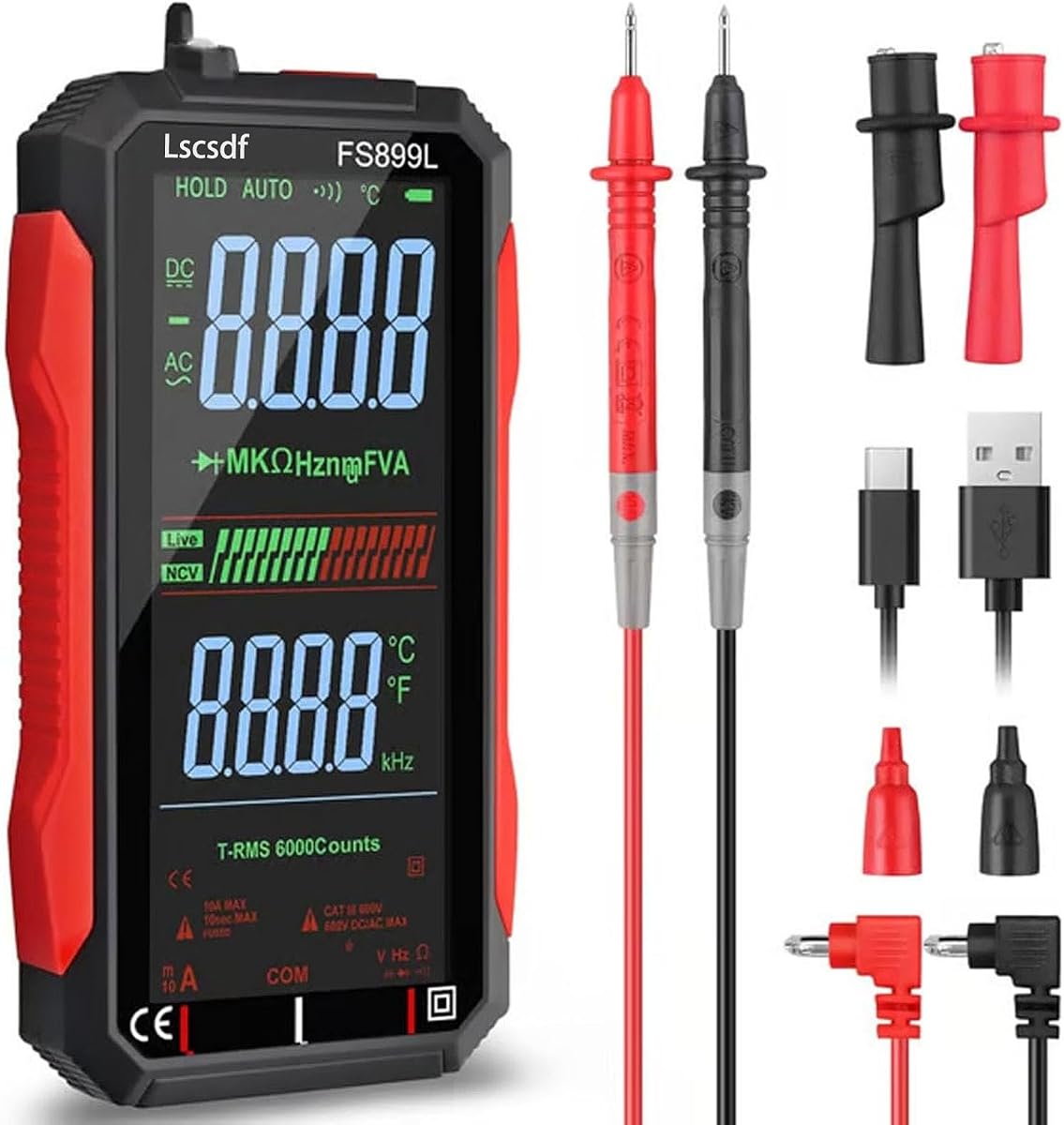 USB Rechargeable Digital Multimeter 6000 Counts Large Color Screen & Backlight FS899L Smart Auto Ranging Multimeter True RMS Digital Voltmeter Multi Meter Digital Tester for Automotive Home