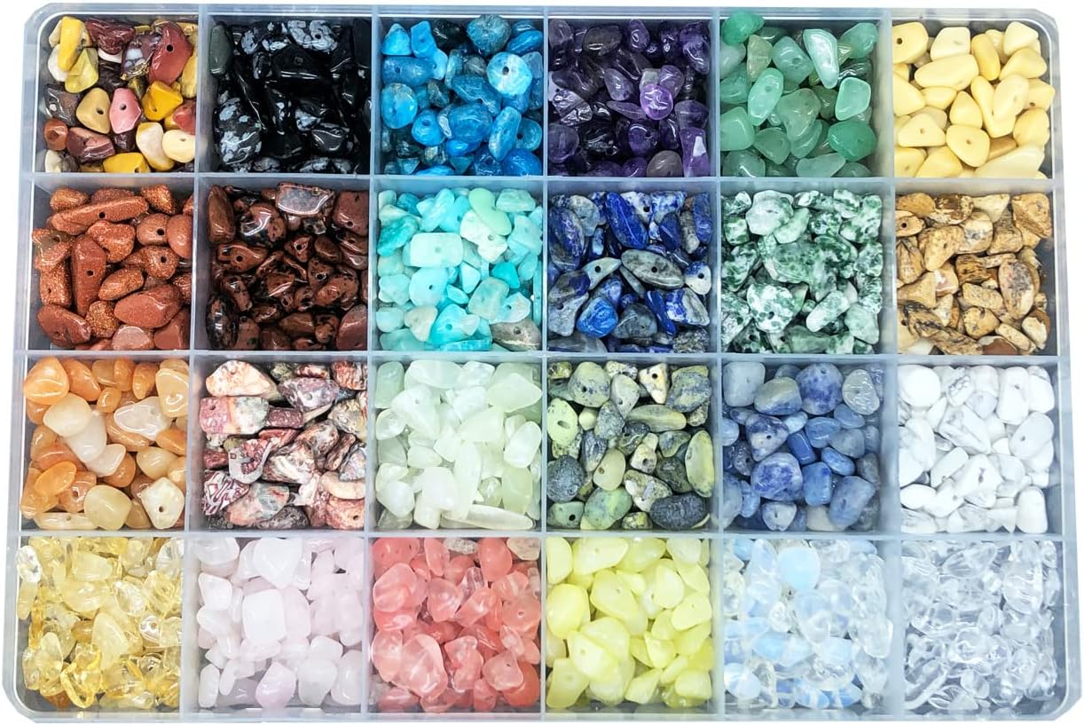 Gemstone Chips Beads DIY Jewelry Making, Healing Engry Crystals Polishing Crushed Irregular Shaped Beads with Box (24material-1)