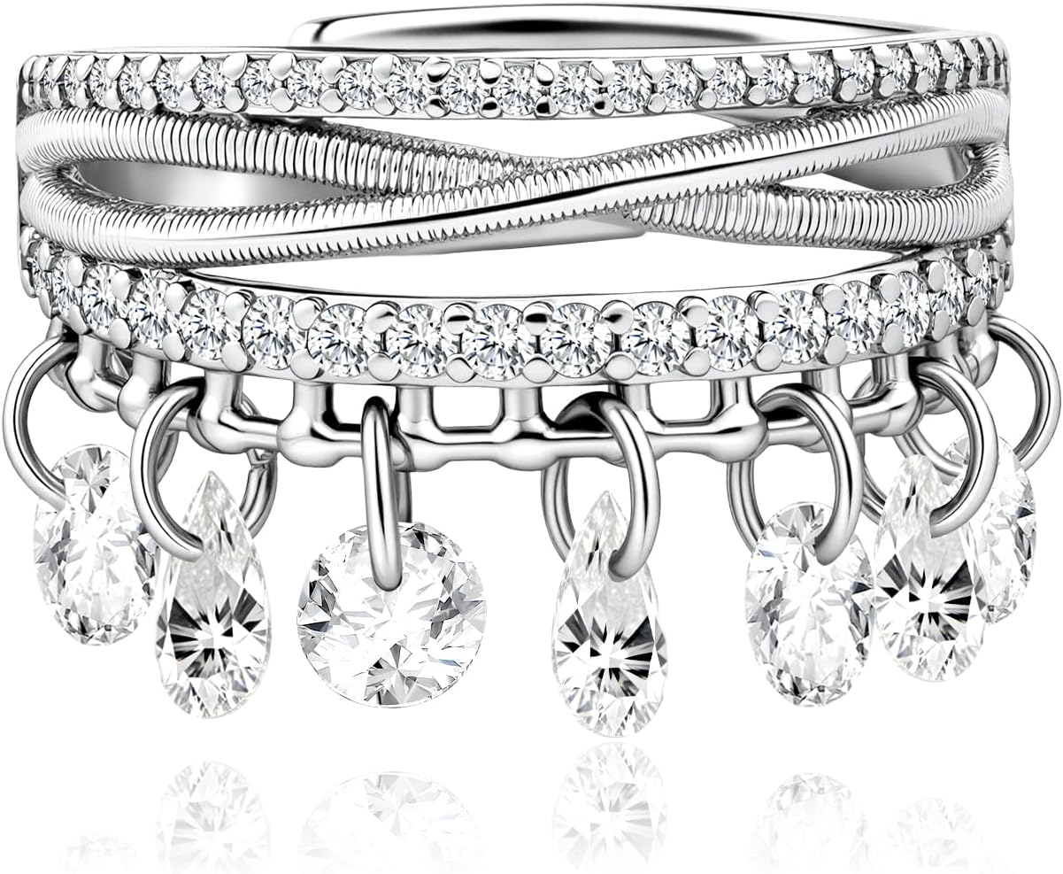 CZ Criss Cross Dangle Stacking Open Ring Silver Adjustable Charm Rings for Women
