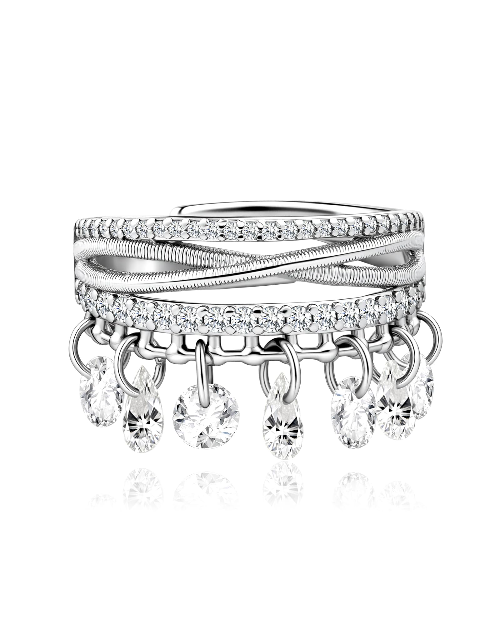 CZ Criss Cross Dangle Stacking Open Ring Silver Adjustable Charm Rings for Women