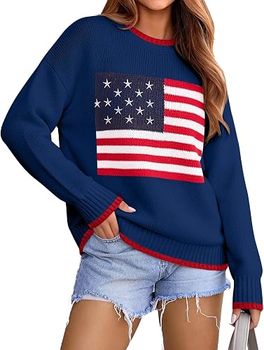 Dressmine American Flag Sweater Women Pullover Crewneck Navy Blue Sweater