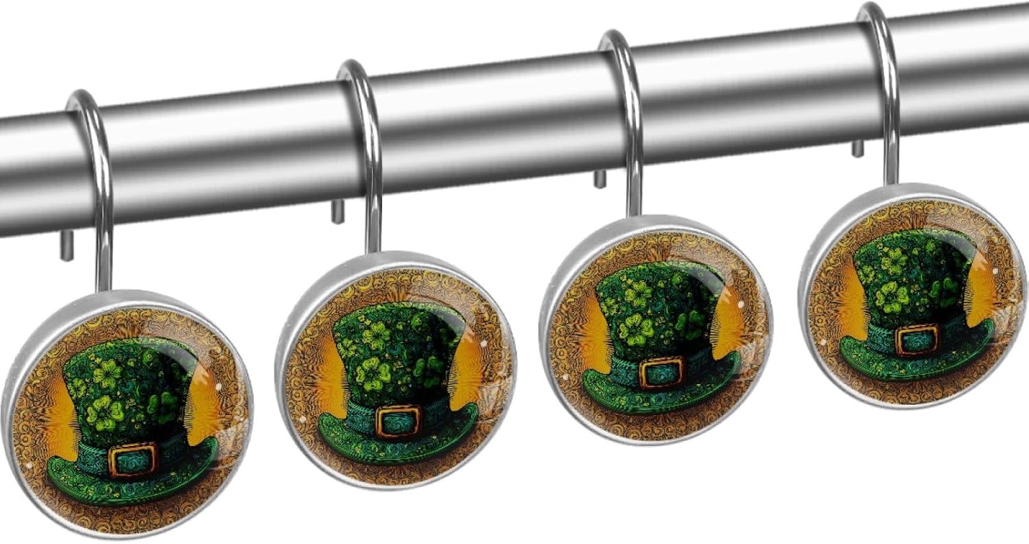12Pcs St. Patrick's Day Shamrock Hat Shower Curtain Hooks for Bathroom, Round Home Decorative Shower Curtain Rings, Modern Shower Curtain Hangers Bathroom Accessories
