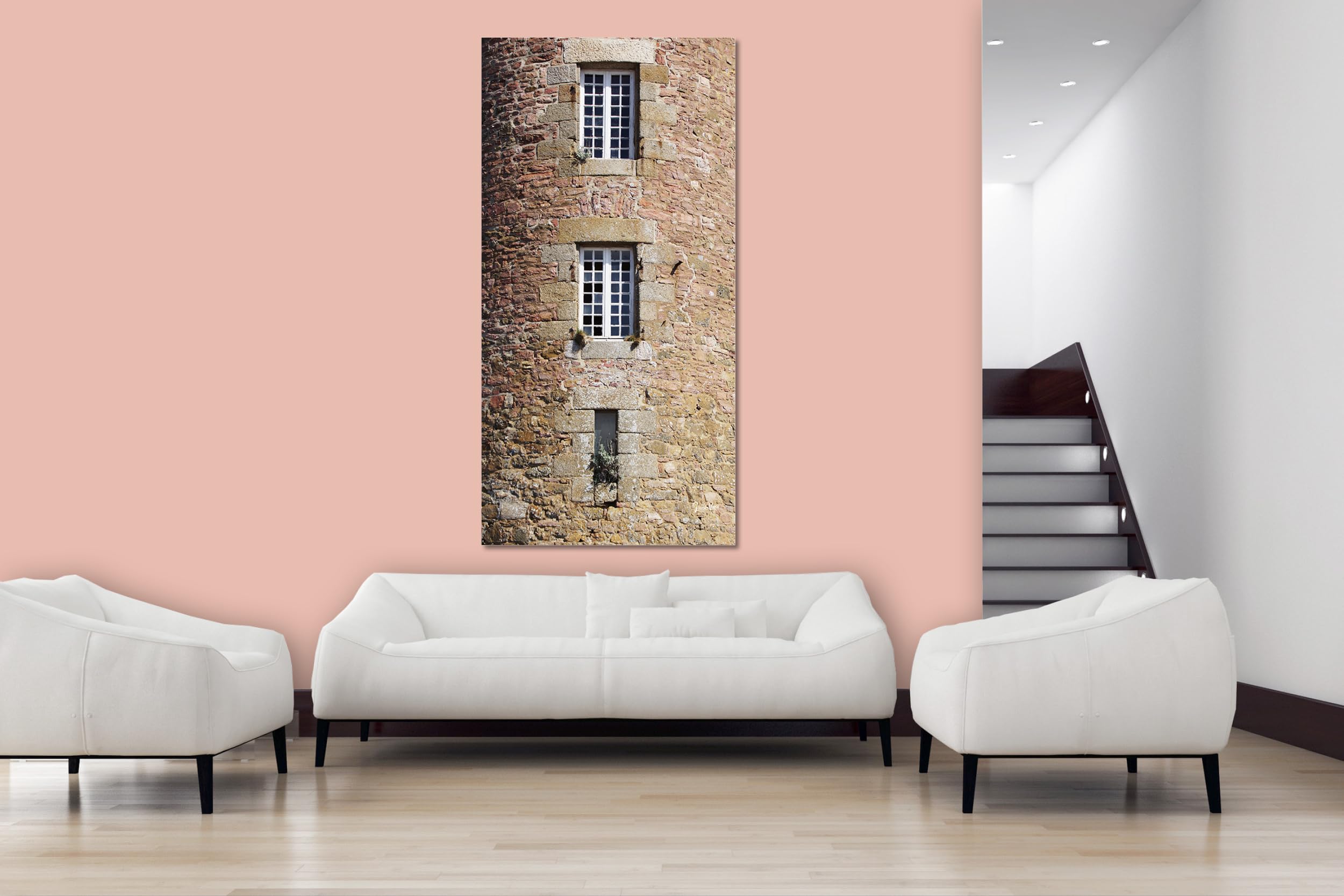 Glücksvilla - Turm mit Fenstern (Leinwand-Bild 2 cm, 50 x 100 cm) | div. Maße - aus DE - Kunstdruck Deko Wandbild quer - Frankreich Roscoff Stein-Optik Steinwand Dorf Stadt Meer