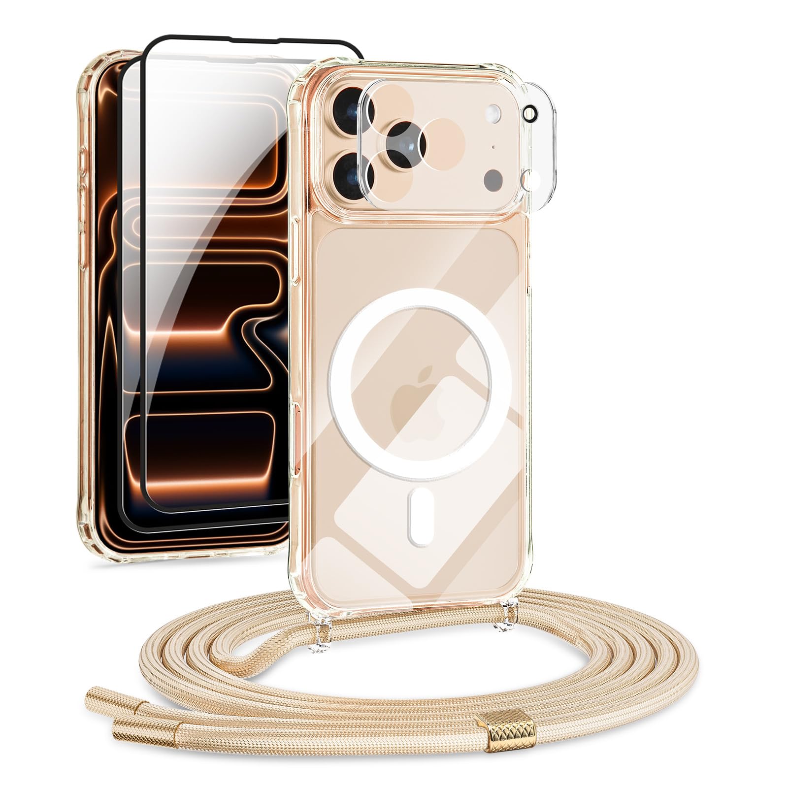 DiDaDi Handyhülle für iPhone 17 Pro Max Hülle mit Band & Magnet - Transparente Handykette, Abnehmbar mit 2X Panzerglas + Kameraschutz | Profi-Schutz Display & Kamera | Magnetisch Kompatibel (Gold)