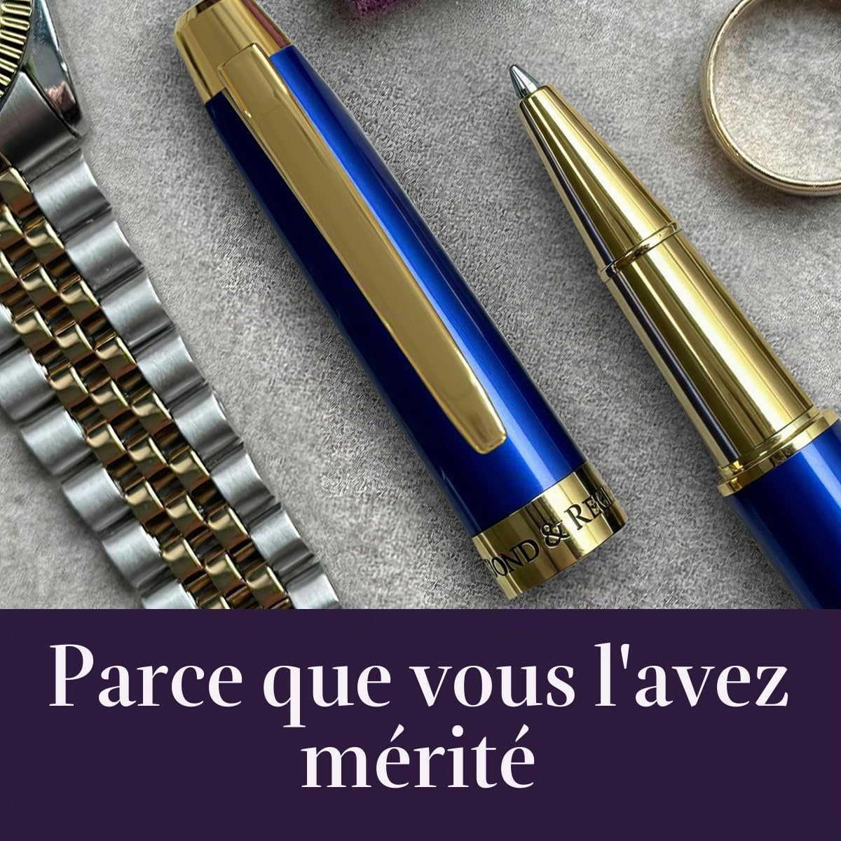 Bond & Regent Stylo à bille bleu roi et or 24 carats – Stylo à bille de luxe certifié | Joli cadeau pour homme et femme