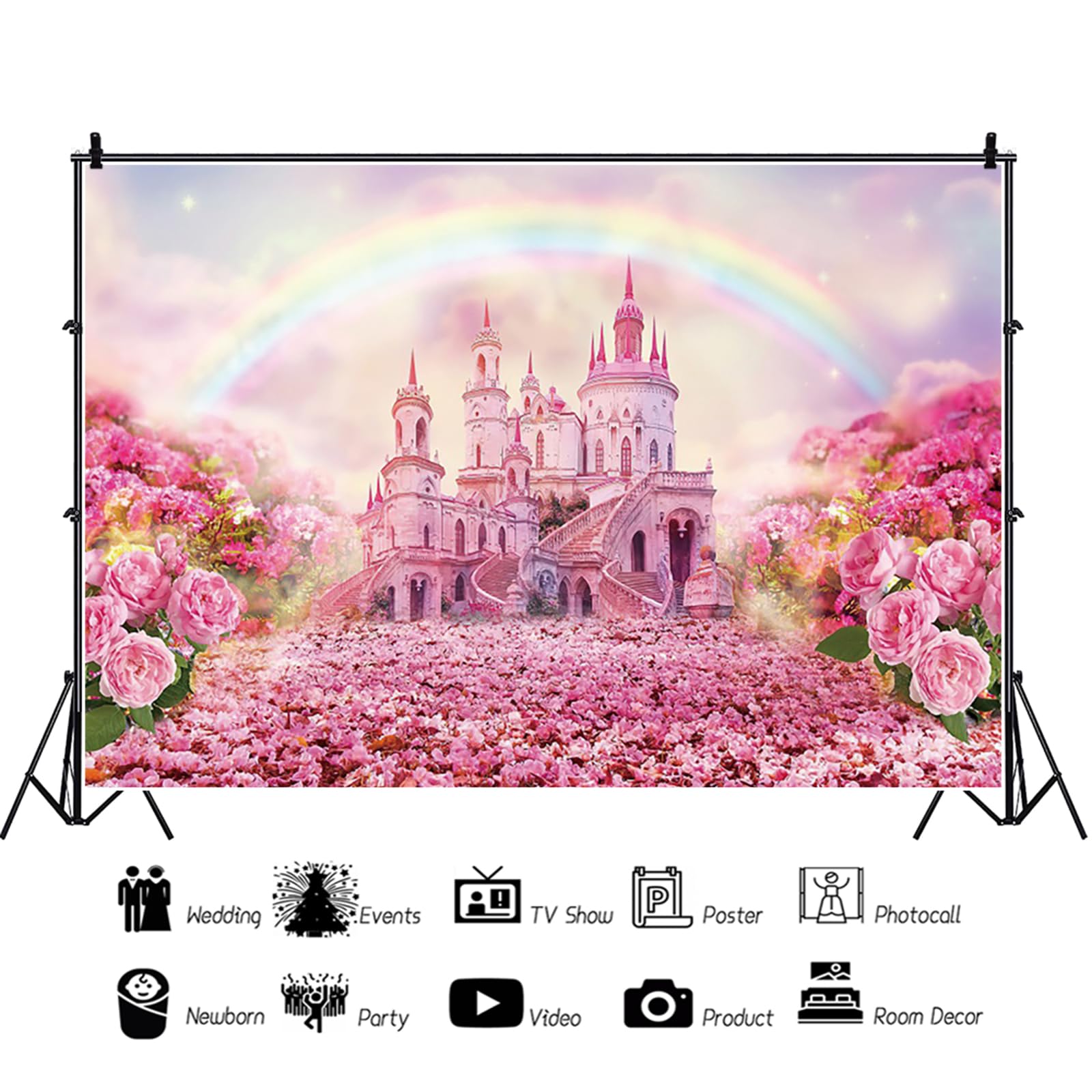 Fond de Château de Princesse 3x2,5 m, Château Rose Fantastique Fleurs Arc-en-Ciel Photographie Fond Filles Anniversaire fête de Mariage Photo Studio Shoot