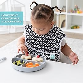 Bumkins - SuperBibs + Sleeved Bib - For Boys & Girls, Babies & Toddlers 6-24 Months - Lightweight, Durable, Waterproof - Catch-All Pocket - Wipeable & Machine Washable - Black Hearts on White - 3 Pack