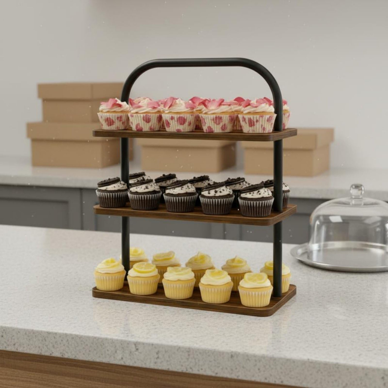 Soporte para Postres Expositor Cupcakes Pasteles Bandeja Estante de Madera Hierro de Triple Nivel Plegable con Asa Acabado Envejecido para Catering Reuniones Picnic Hogar