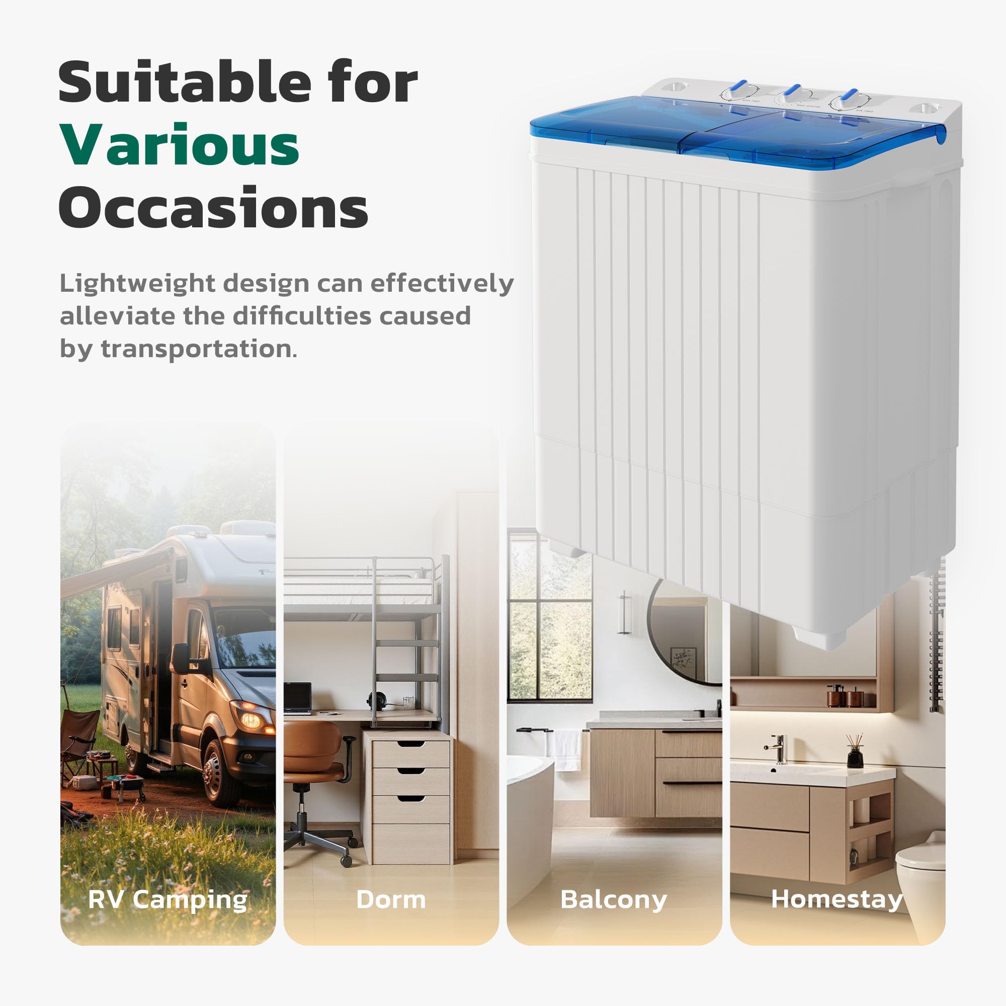 Greenvelly - Lavatrice portatile con capacità di 28 libbre, lavatrice da 8 kg e combinazione girevole da 4,5 kg, lavatrice compatta per appartamenti, campeggio, roulotte e camere da letto, blu e