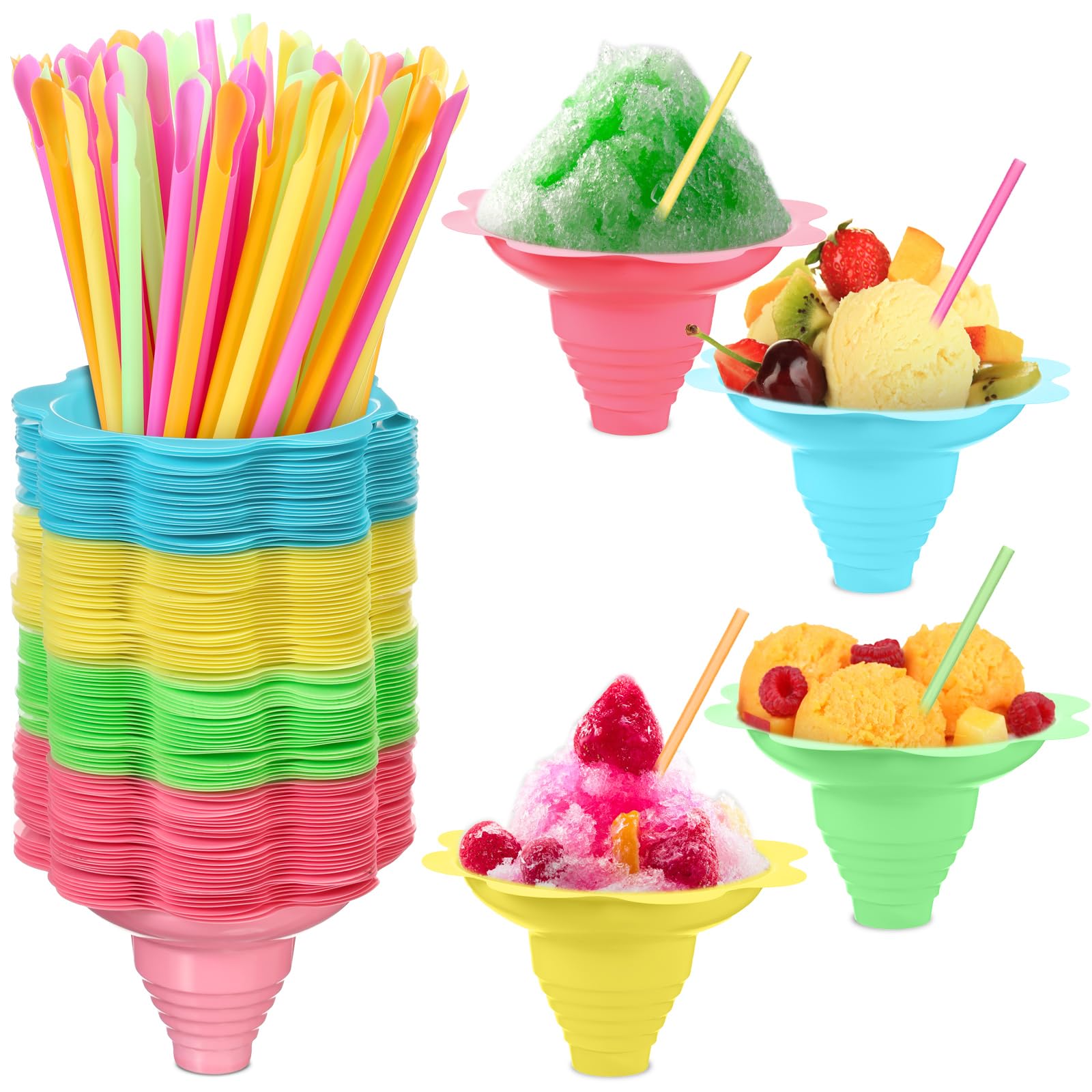 Boao 120 Pieces 5oz Flower Cups Snow Cone Cups with Spoon Straws, Colorful Shaved Reusable Snow Cone Small Cups Cones Bowls Supply Shaved Ice, Snack, Ice Cream
