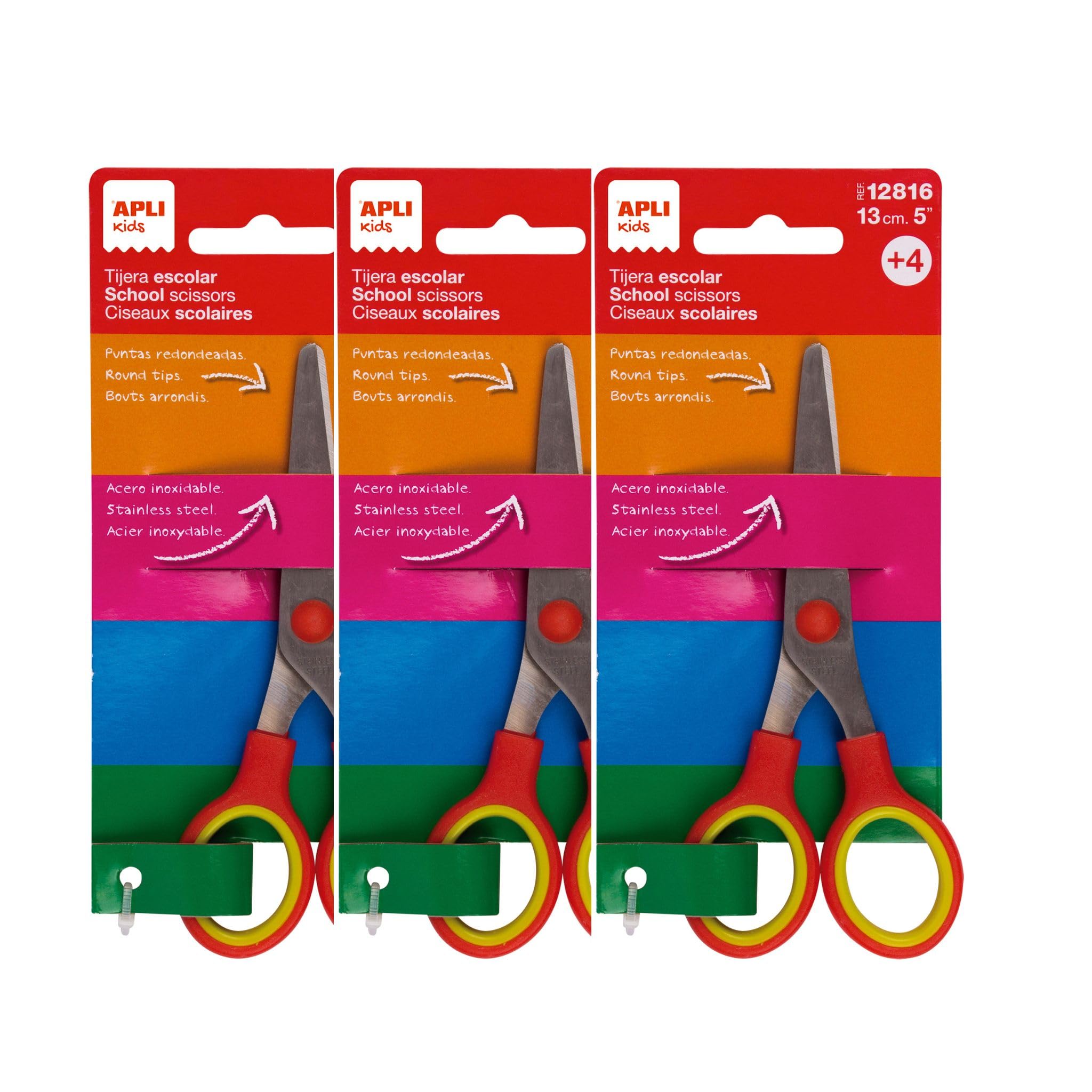 APLI Kids 20596- Confezione di 3 forbici da scuola da 13 cm con punta arrotondata | manico ergonomico bicolore e lame in acciaio inossidabile per bambini +4 anni
