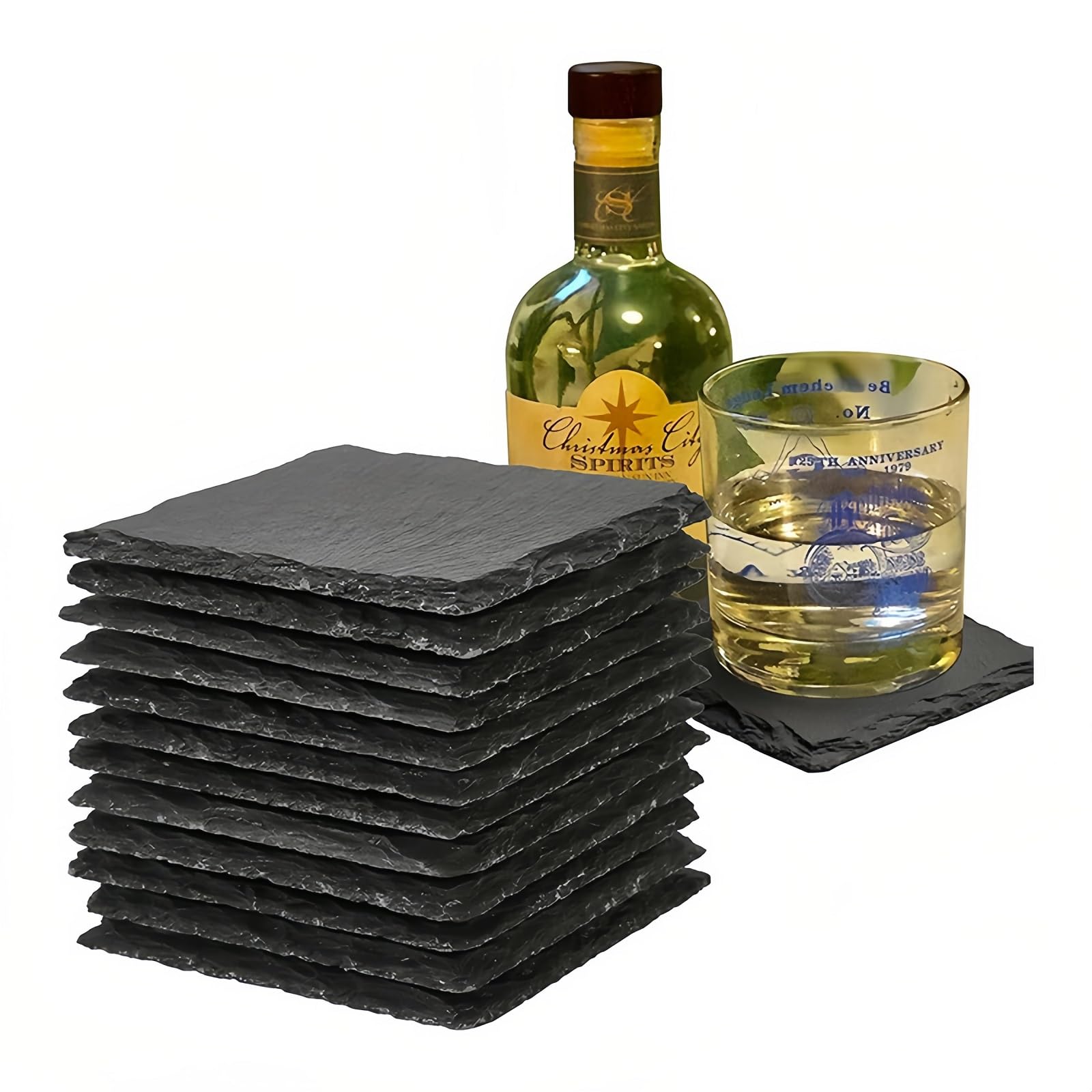 12PCS Slate Drink Coasters,10cm/4Inch Black Coasters Stone Coaster,Square Slates Drink Coasters,Tableware Mat,Bulk Rock Rustic Coaster with Anti-Scratch Backing, for Home Office Kitchen Bar
