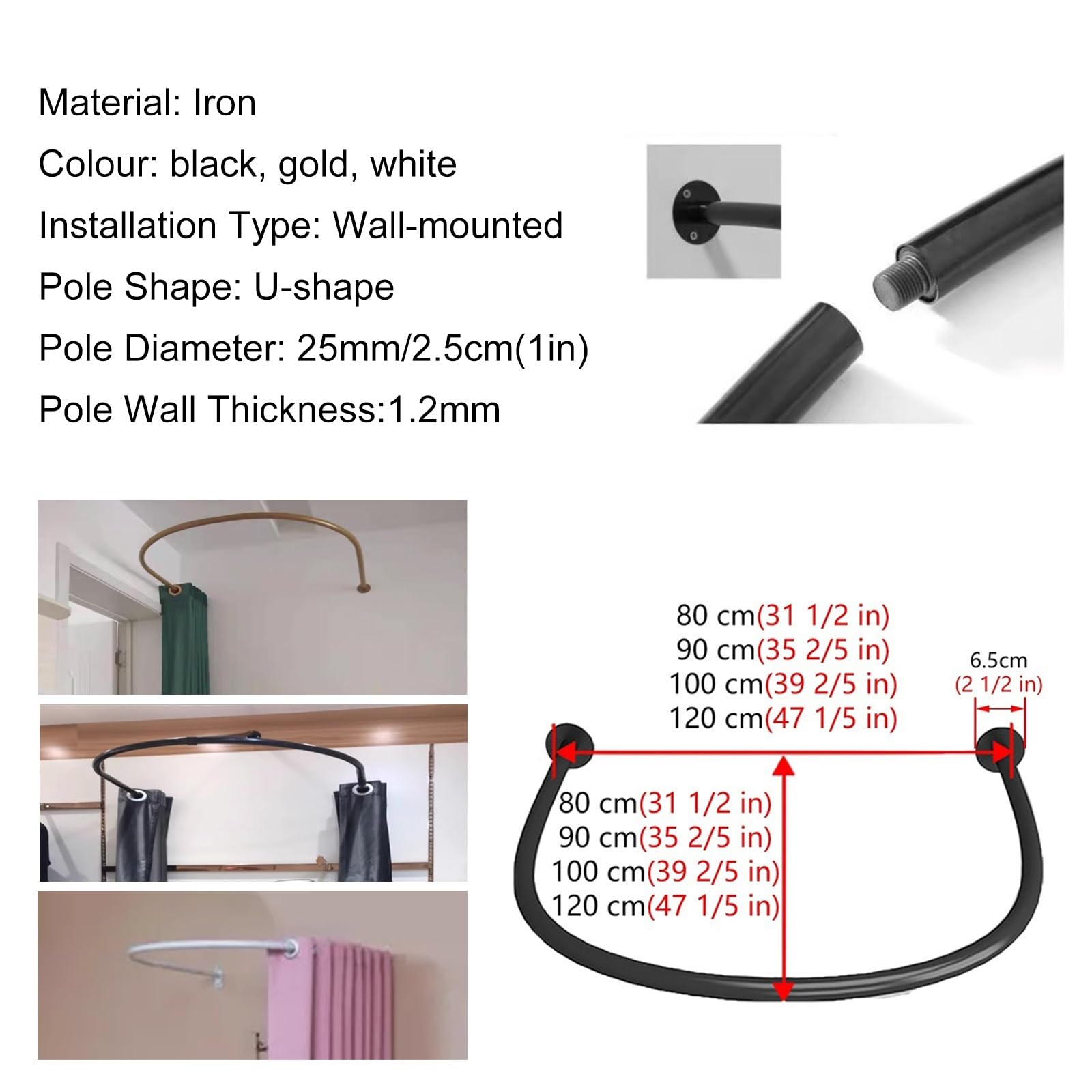 Karnisz w kształcie litery U do garderoby, do montażu na ścianie, przymierzalnia lub zakrzywionych narożników, idealny do oddzielnych sklepów i butików (złoty, 80 cm)