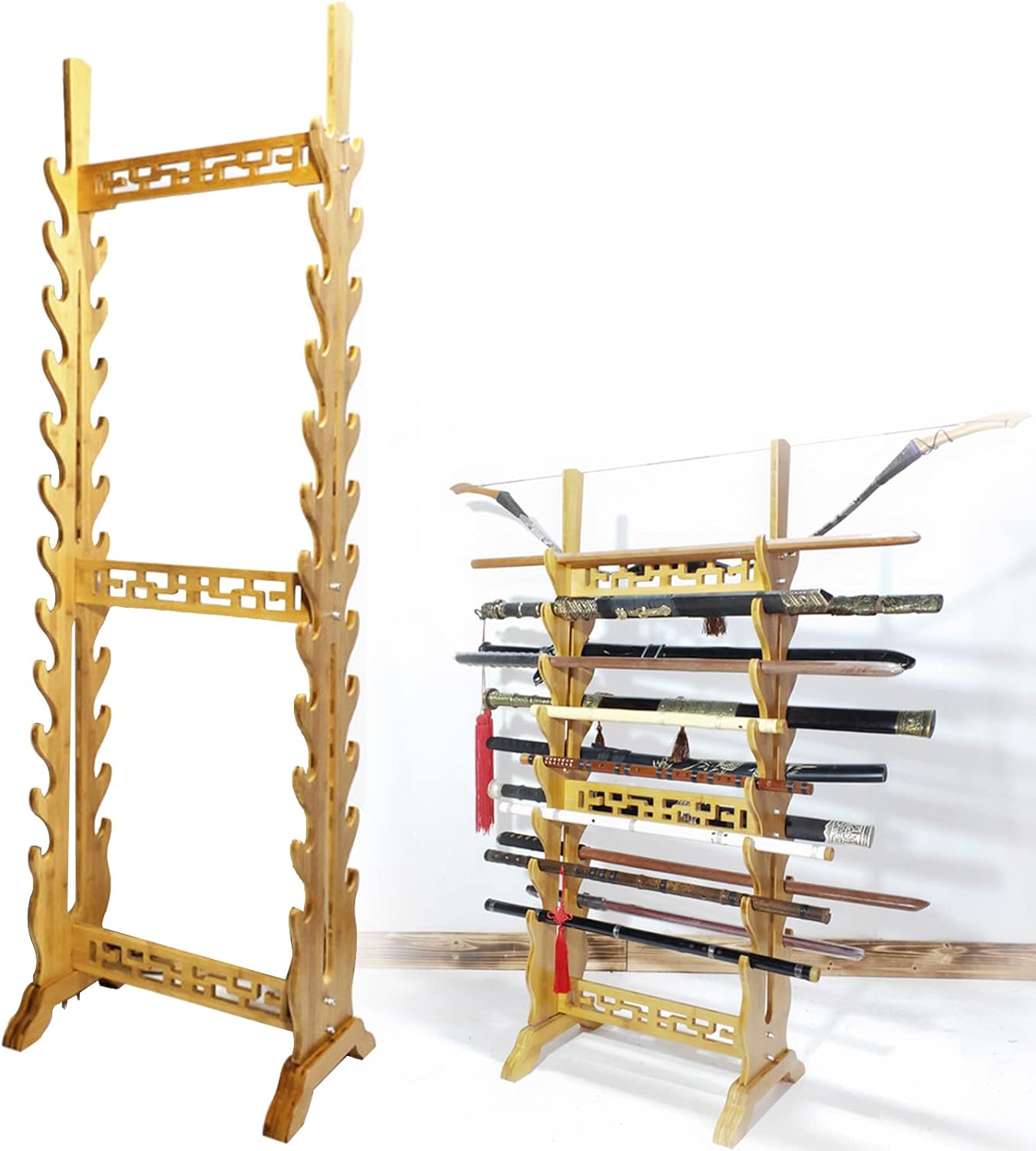 Katana Holder Multi-Layer Floor Sword Display Stand, 16/18/20/24 Tier Wood Sword Hanger Sword Rack Lightsaber Stand, Classic Hollow Katana Holder, Flute, Fishing Rod, Light Tube Stands
