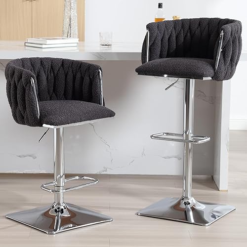 Sudwesto Boucle - Juego de 2 taburetes de bar tapizados, taburete giratorio con respaldo tejido, sillas de bar de altura ajustable con reposapiés