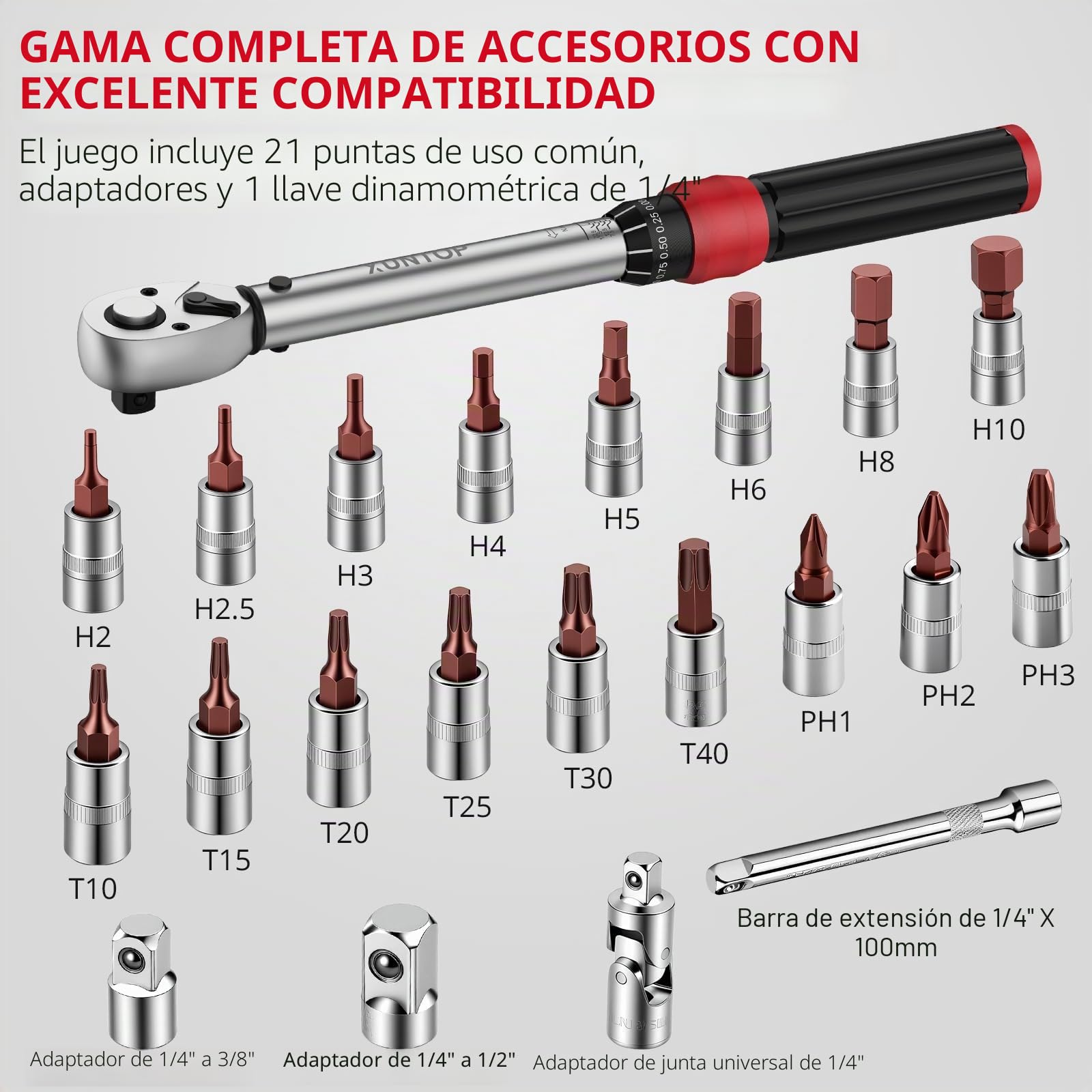 XUNTOP Llave Dinamométrica 22PCS Llaves de Carraca 1/4" 5-25Nm con Cabeza de Carraca Reversible de 72 Dientes, Puntas Hex/Phillips/Torx Precisión±3% para Reparación de Bicicletas, Moto,Coche,Camión